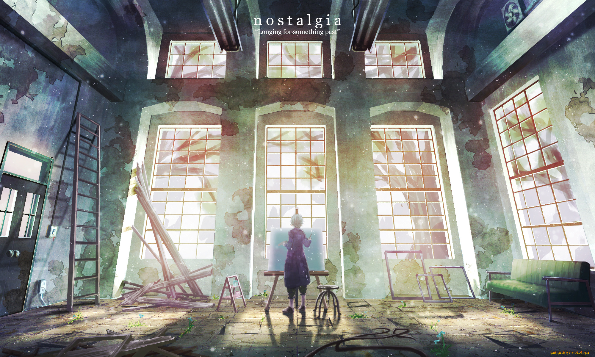 аниме, unknown, , другое, руины, художник, мальчик, окна, здание, арт, natsu3390