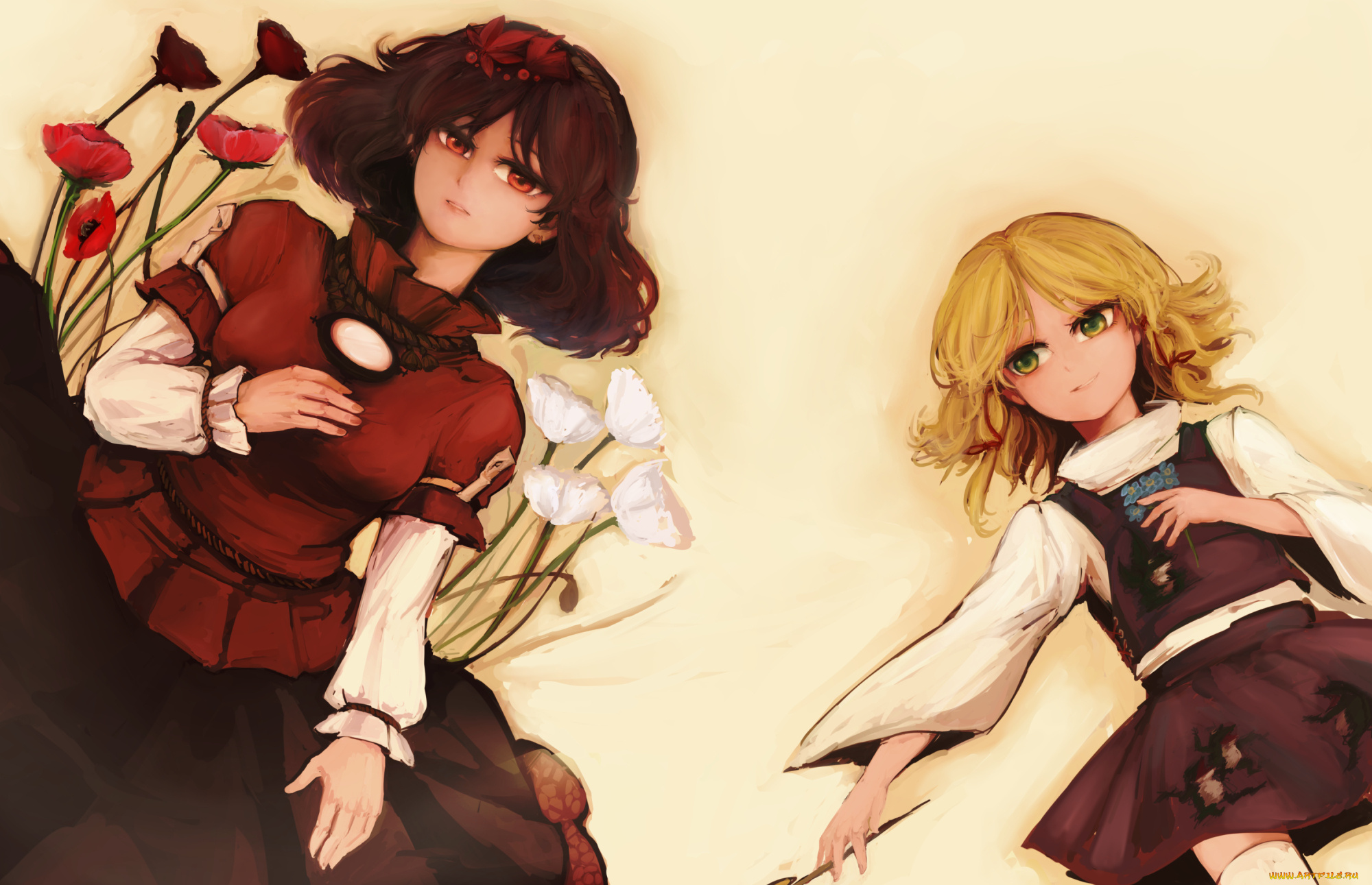 аниме, touhou, moriya, suwako, wataichi, meko, цветы, девушки, арт, yasaka, kanako