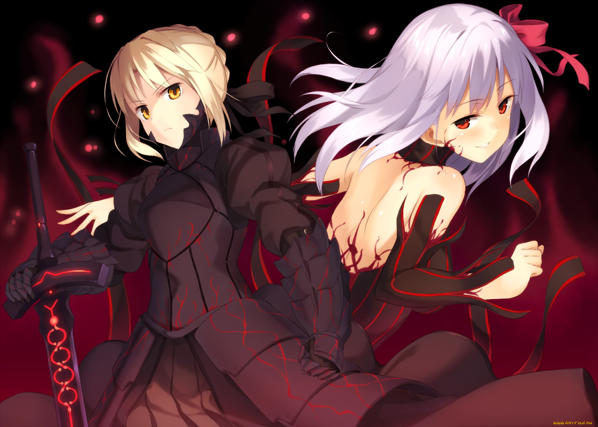 аниме, fate, stay, night, арт, dark, matou, sakura, saber, stay, night, distortion, kinta, оружие, меч, девушки
