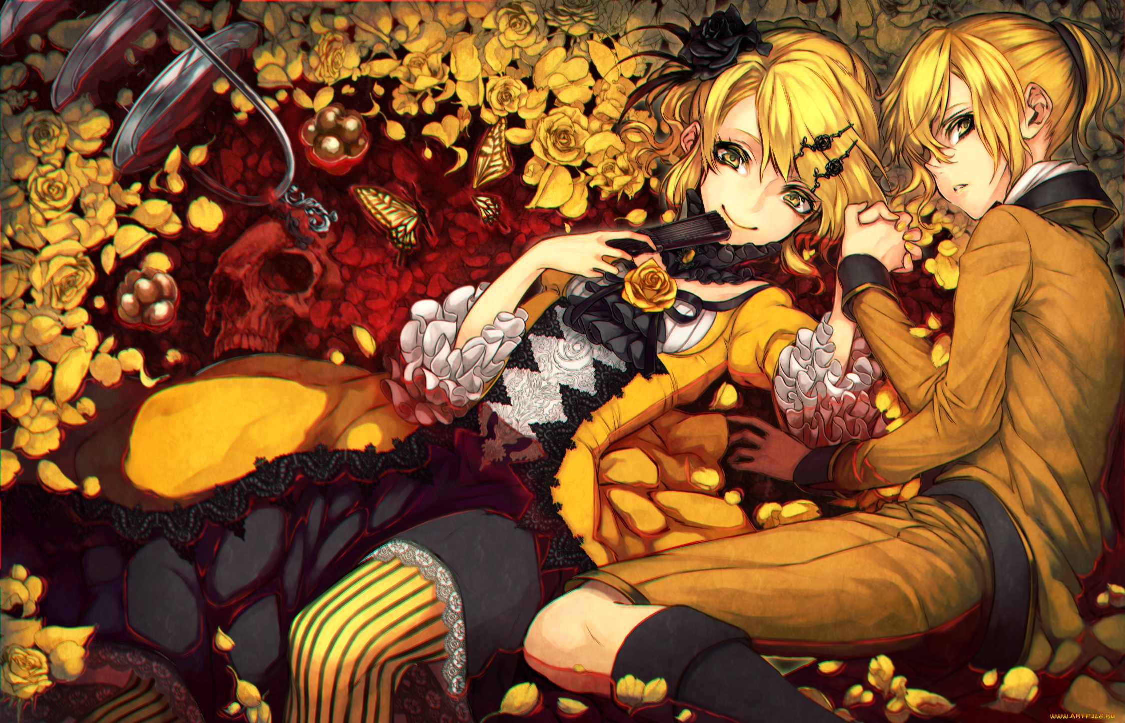 аниме, vocaloid, kagamine, len, rin, tagme, artist, арт, мальчик, девочка, цветы, веер