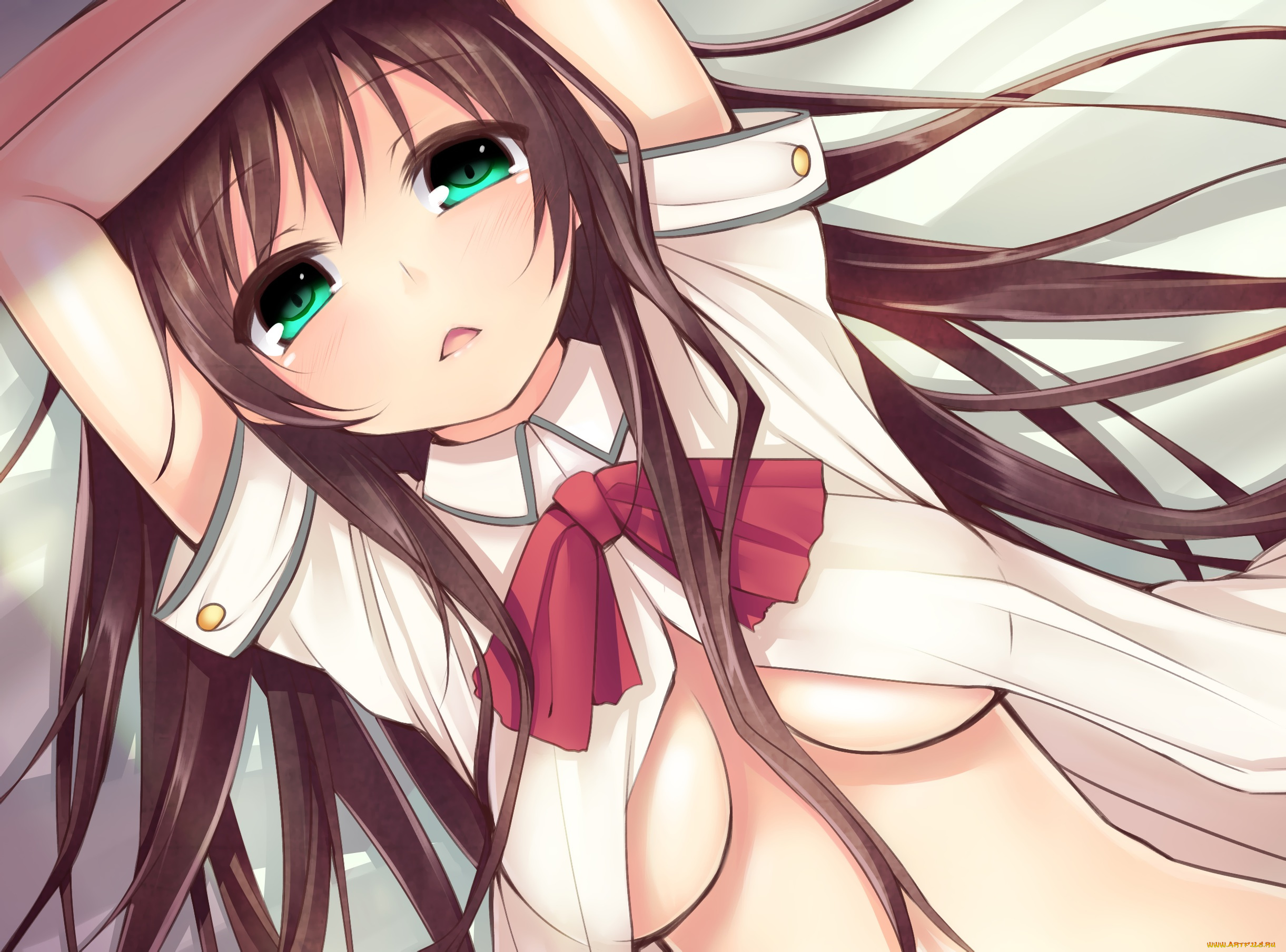 аниме, unknown, , другое, бант, фон, взгляд, рубашка, девушка