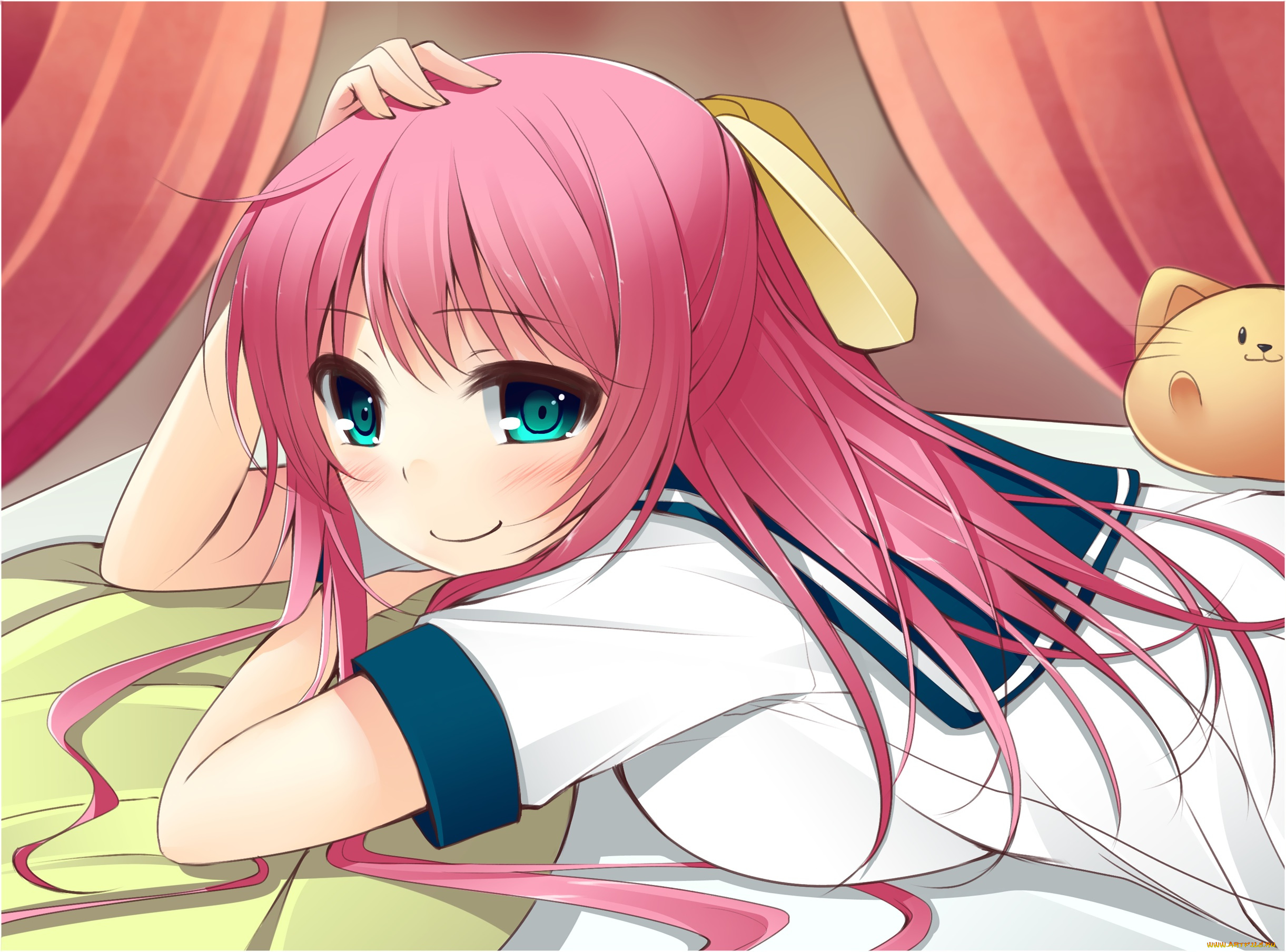 аниме, unknown, , другое, фон, взгляд, девушка, бант, игрушка