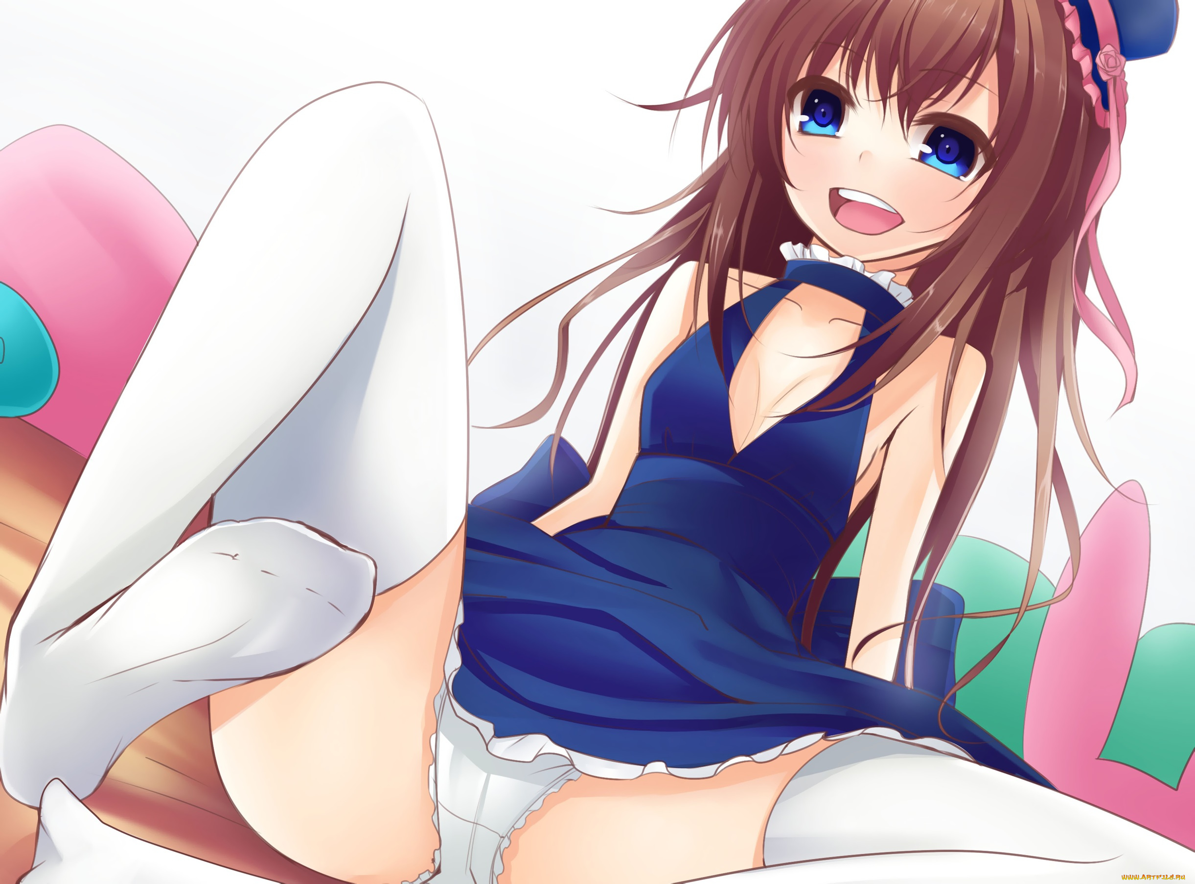 аниме, unknown, , другое, платье, шляпка, ленты, девушка, фон, взгляд, нижнее, белье, чулки