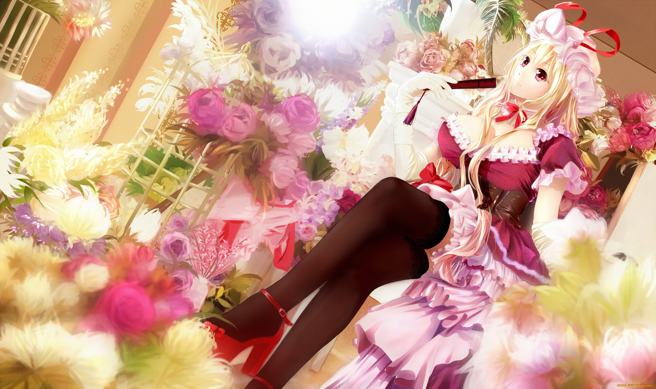 аниме, touhou, клетка, веер, yakumo, yukari, xuan, jing, арт, цветы, сидя, девушка