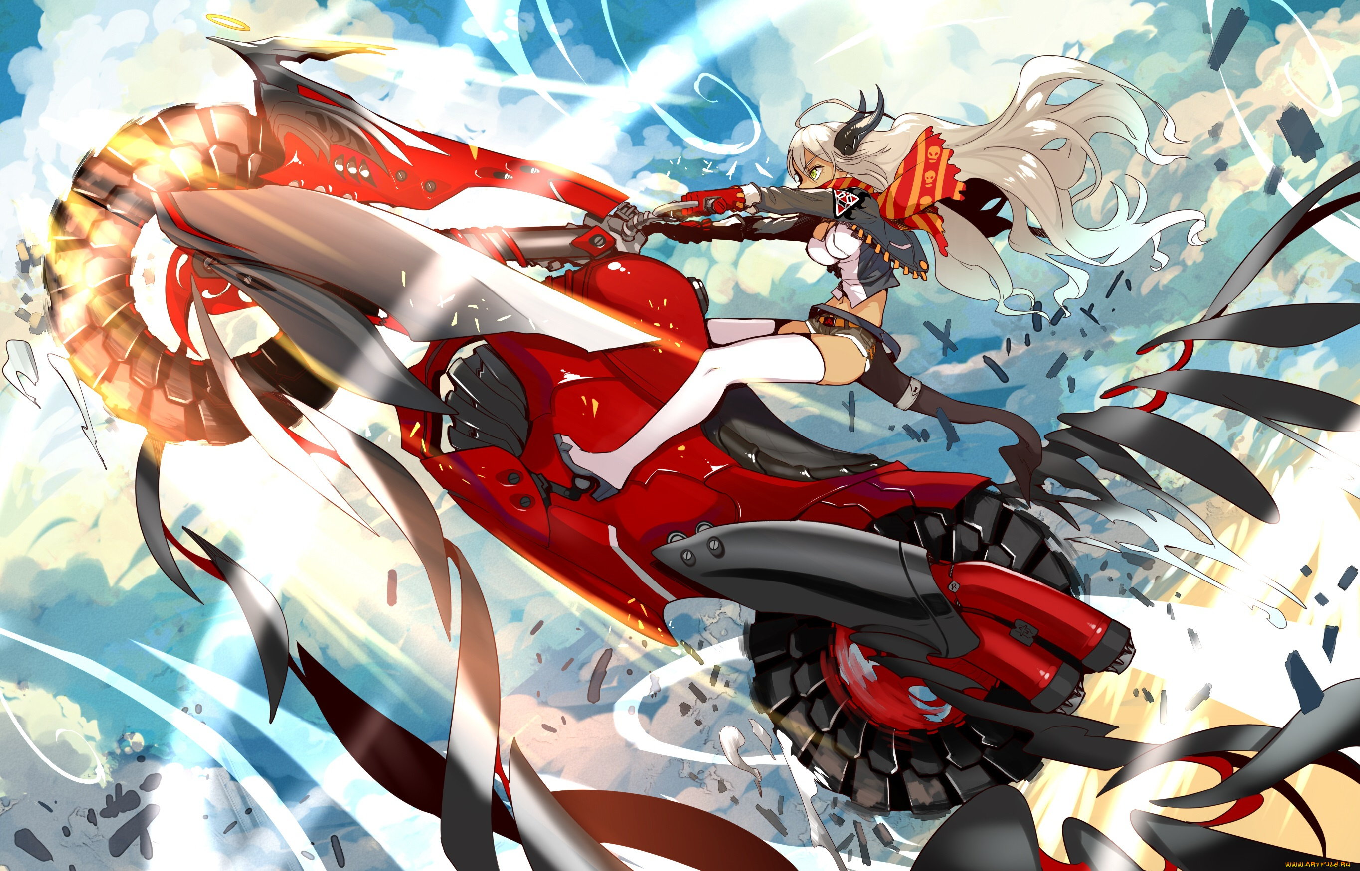 аниме, pixiv, fantasia, pixiv, fantasia, realmbw, арт, девушка, небо, мотоцикл, рога