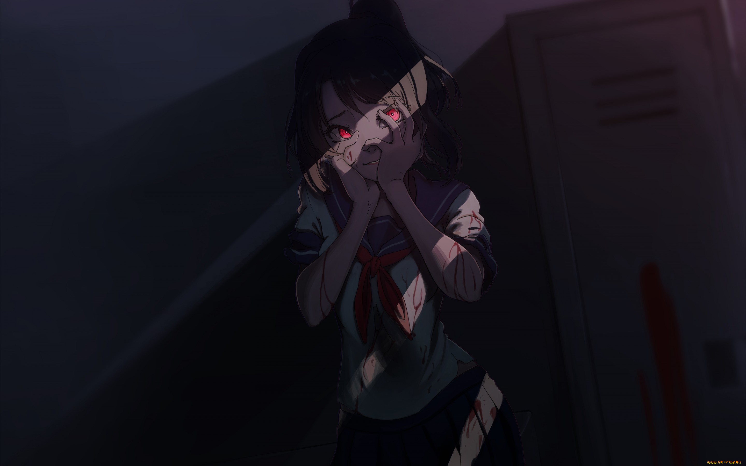аниме, unknown, , другое, девушка, yandere-chan, yandere, simulator, that-bleach-fan, арт, кровь, темнота, школьница, форма