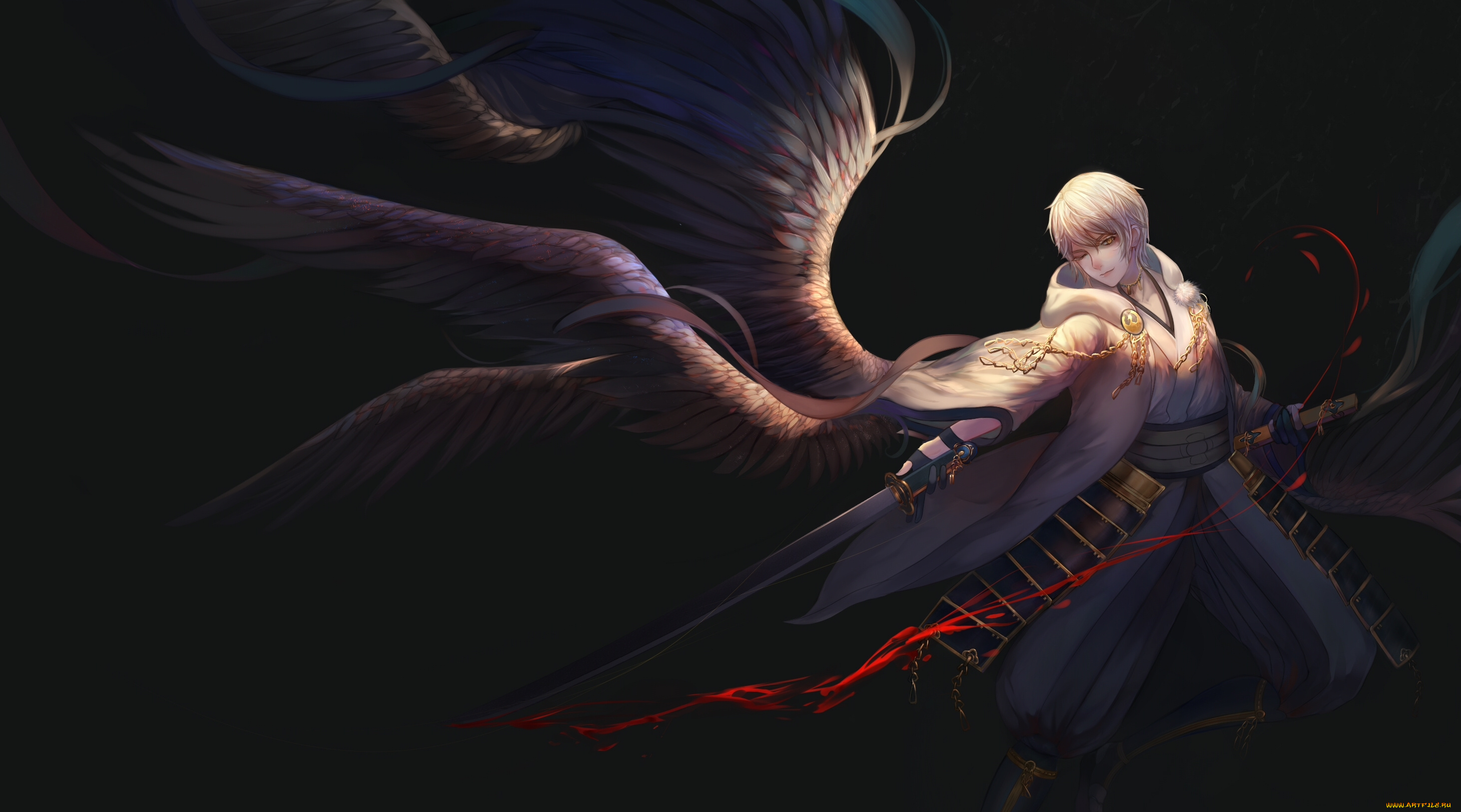 аниме, ангелы, , демоны, крылья, yuuko, арт, катана, кровь, оружие, tsurumaru, kuninaga, парень, touken, ranbu