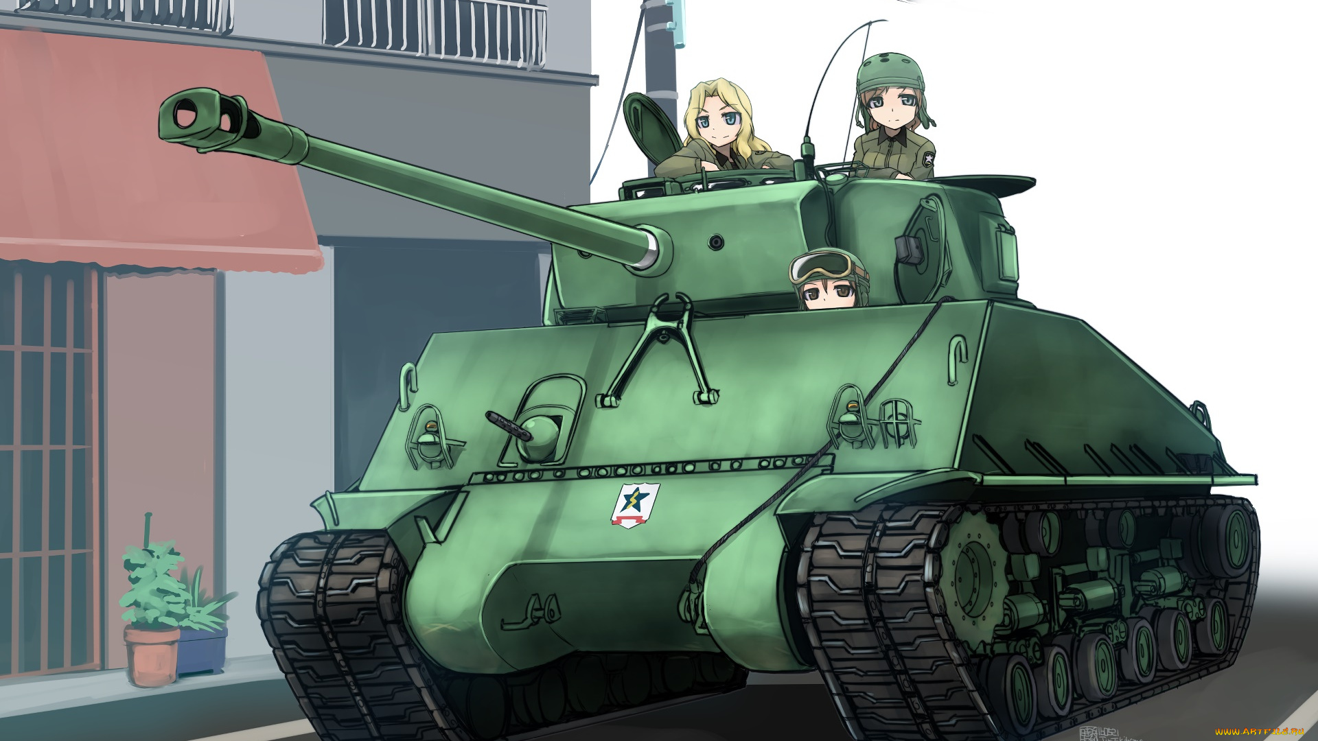 аниме, girls, und, panzer, взгляд, девушки, фон