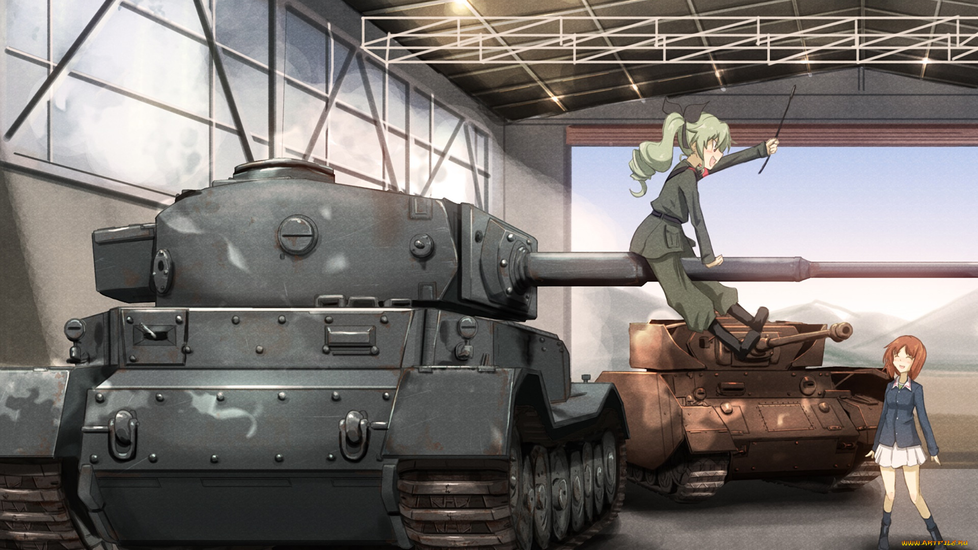 аниме, girls, und, panzer, взгляд, фон, девушка