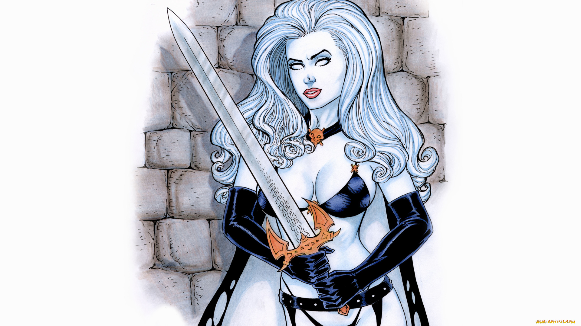 рисованное, комиксы, девушка, меч, униформа, взгляд, фон