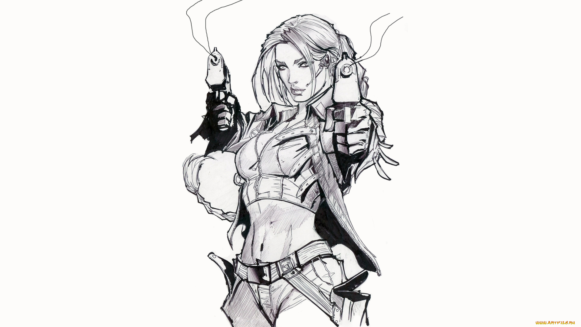 рисованное, комиксы, фон, девушка, пистолет, взгляд, скетч