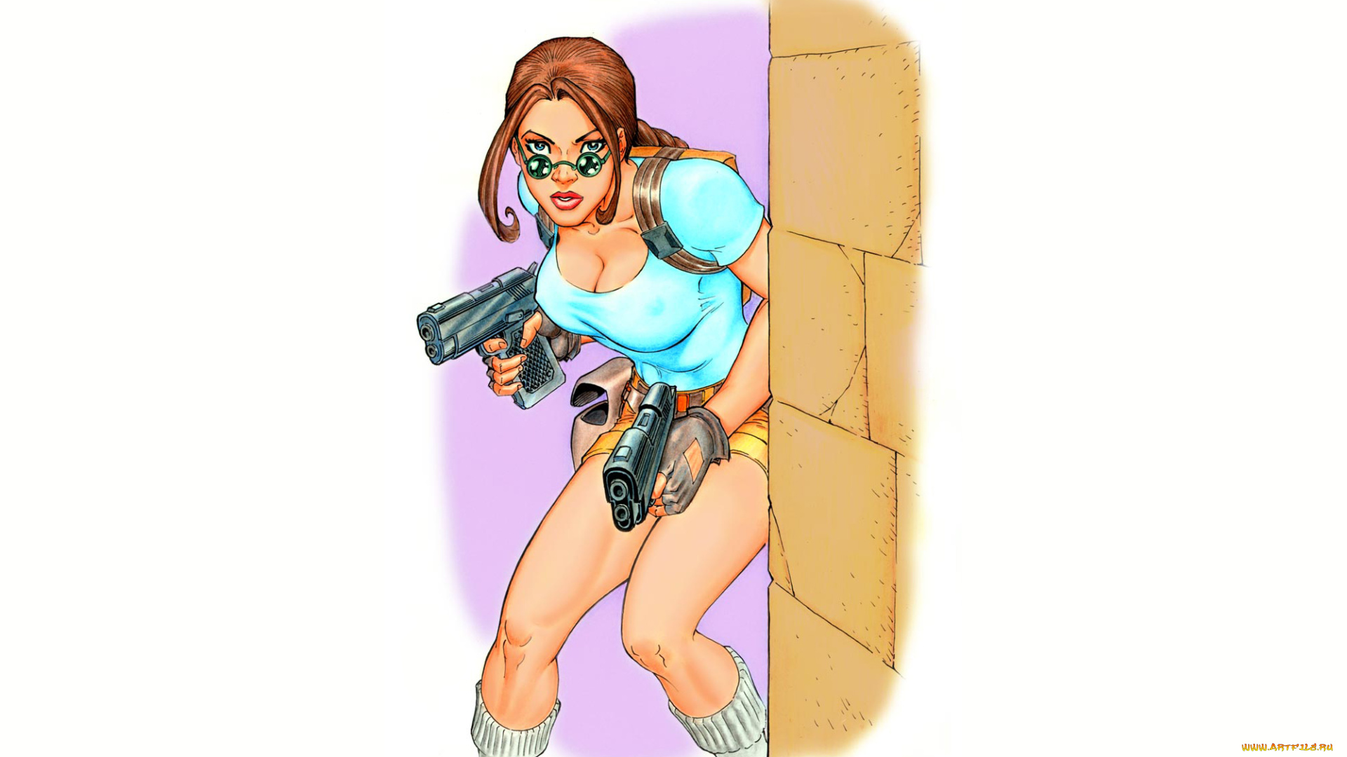 рисованное, комиксы, пистолет, девушка, фон, взгляд, очки