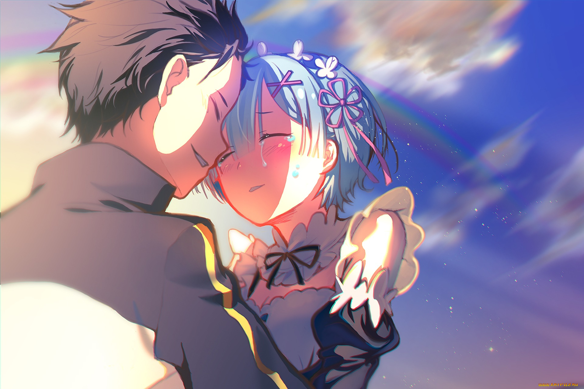 аниме, re, , zero, kara, hajimeru, isekai, seikatsu, парень, фон, взгляд, девушка