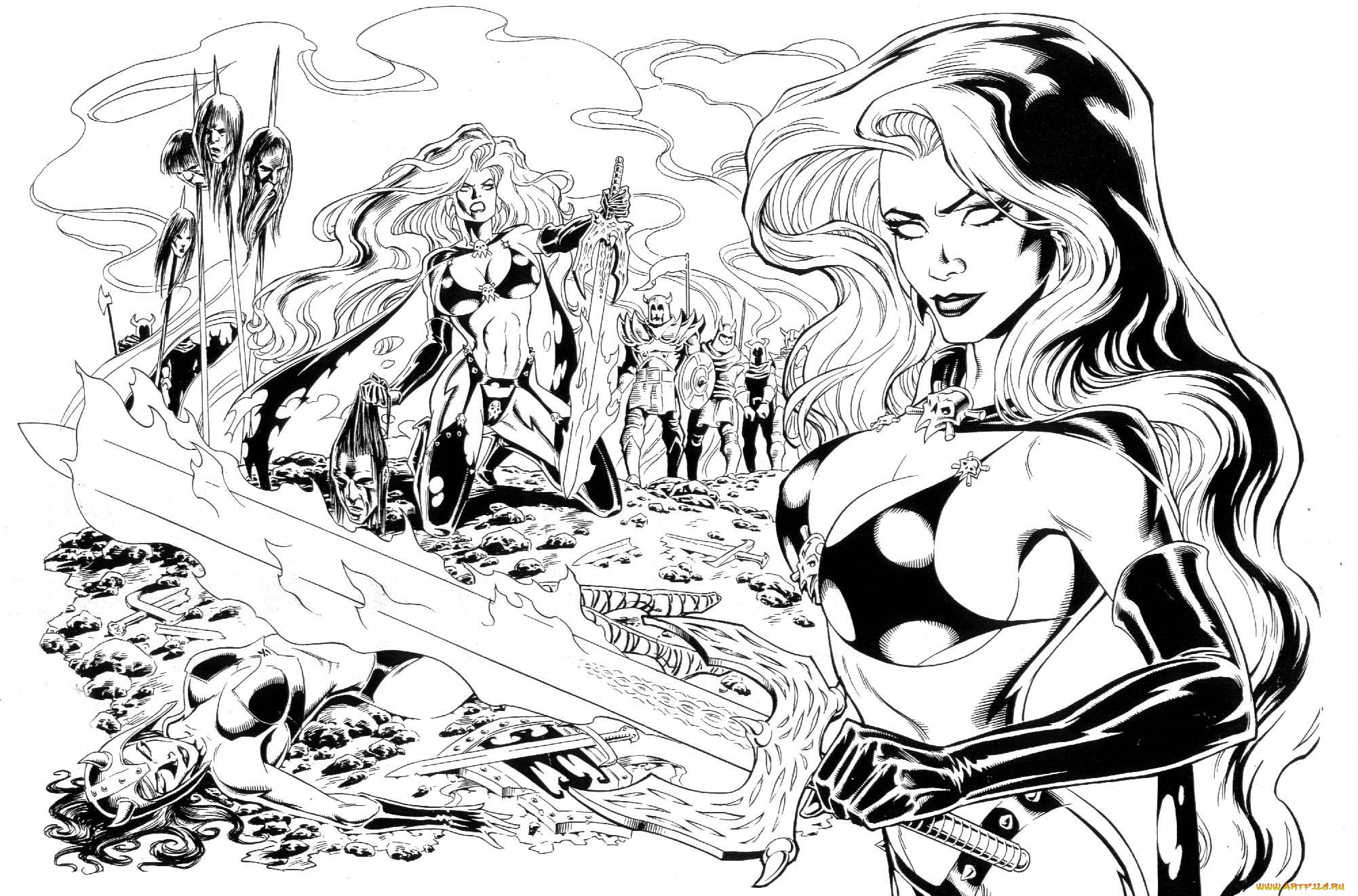 рисованное, комиксы, фон, девушка, взгляд, меч, битва, копье, голова