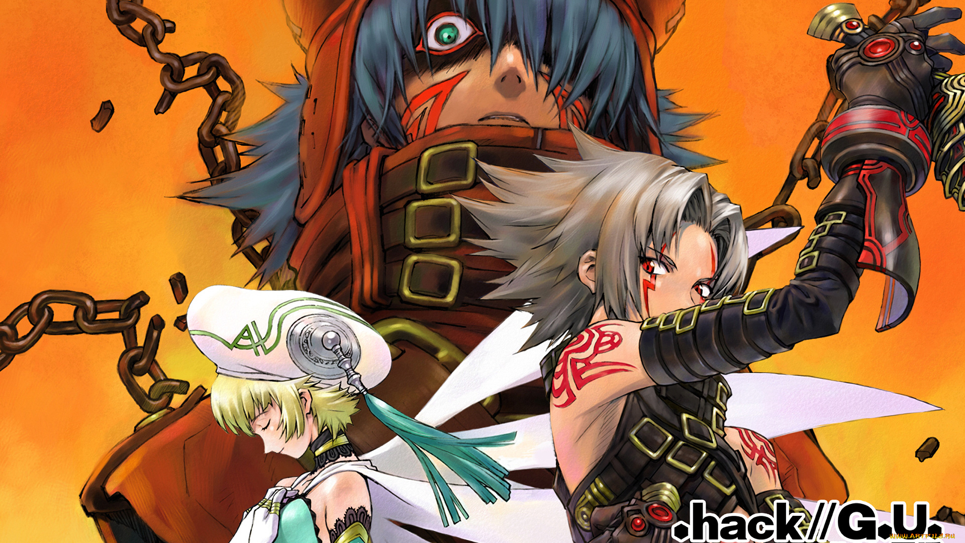 аниме, hack, sign, взгляд, трое