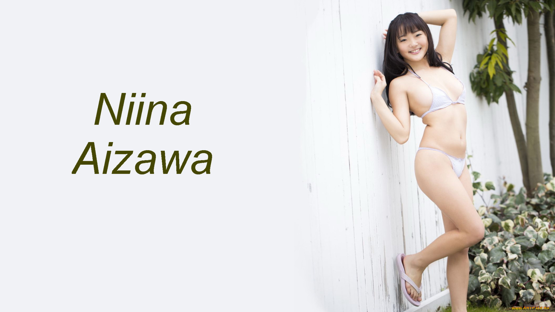 девушки, -unsort, , азиатки, niina, aizawa, японка, стена, улыбка, сад, купальник