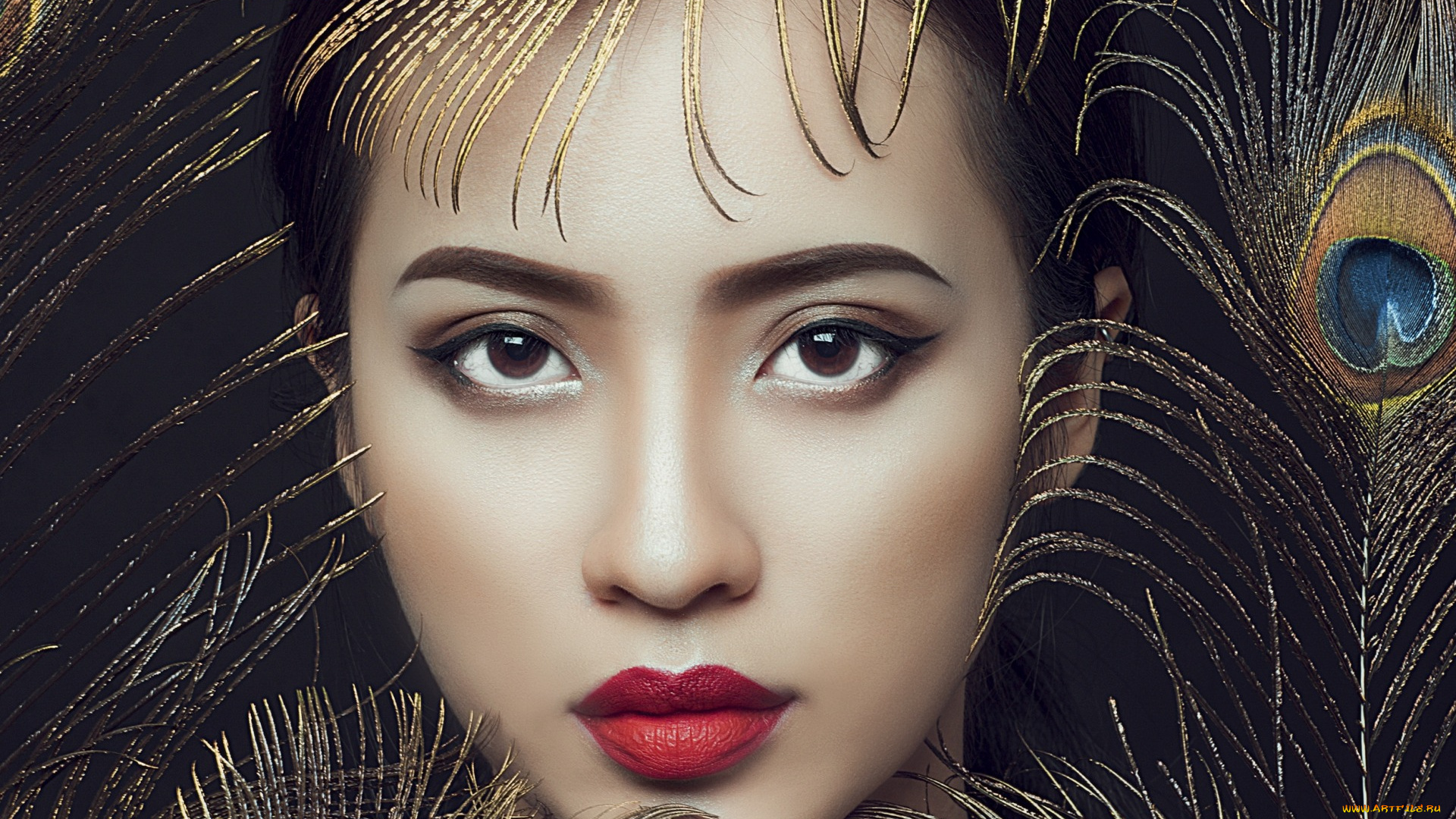 девушки, -unsort, , лица, , портреты, павлиньи, перья, азиатка, помада, макияж, лицо, девушка, взгляд