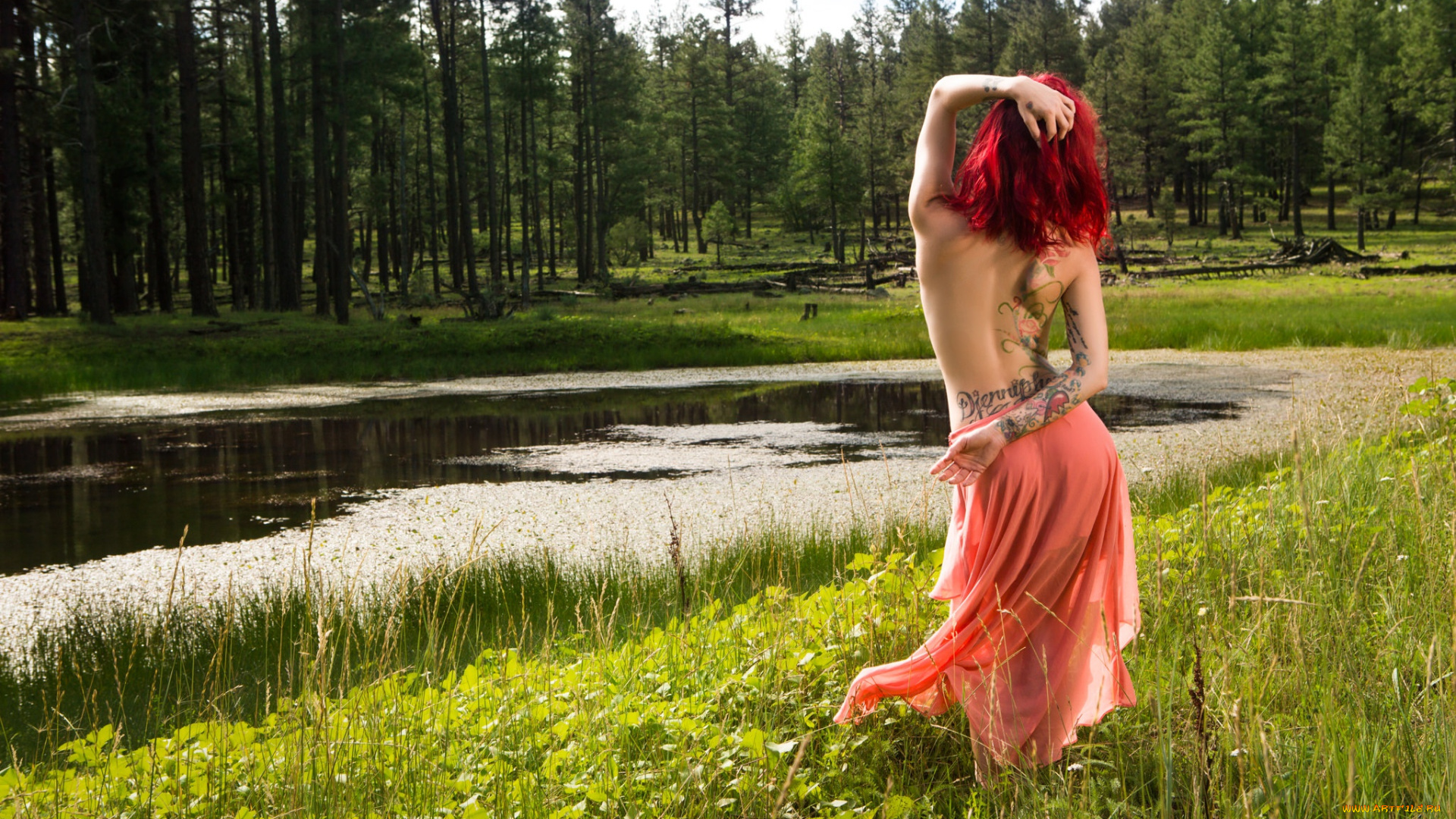 девушки, -unsort, , рыжеволосые, и, другие, юбка, болото, спина, модель, поза, природа, топлес, тату