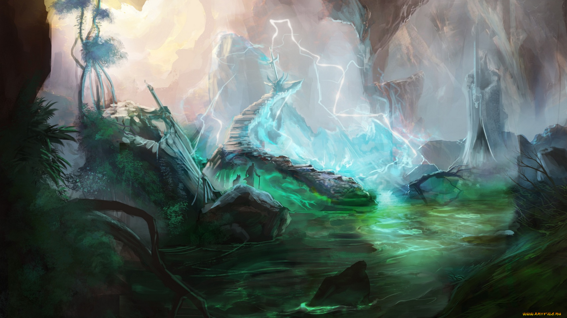 фэнтези, иные, миры, , иные, времена, водоем, статуя, растения