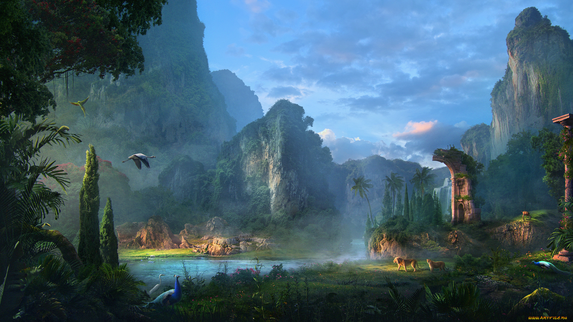 фэнтези, пейзажи, река, горы, животные