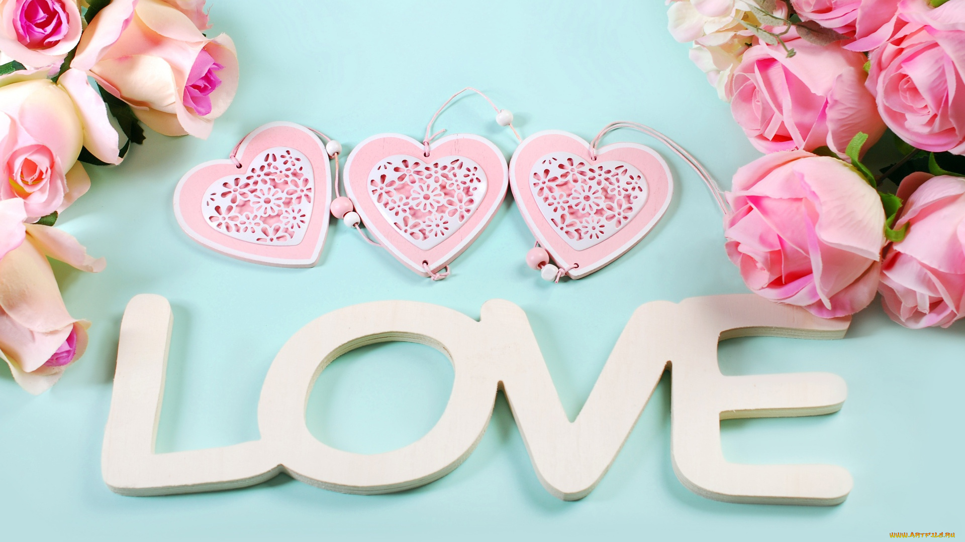 праздничные, день, святого, валентина, , сердечки, , любовь, любовь, на, английском, розовые, розы, сердечки, и, белая, надпись