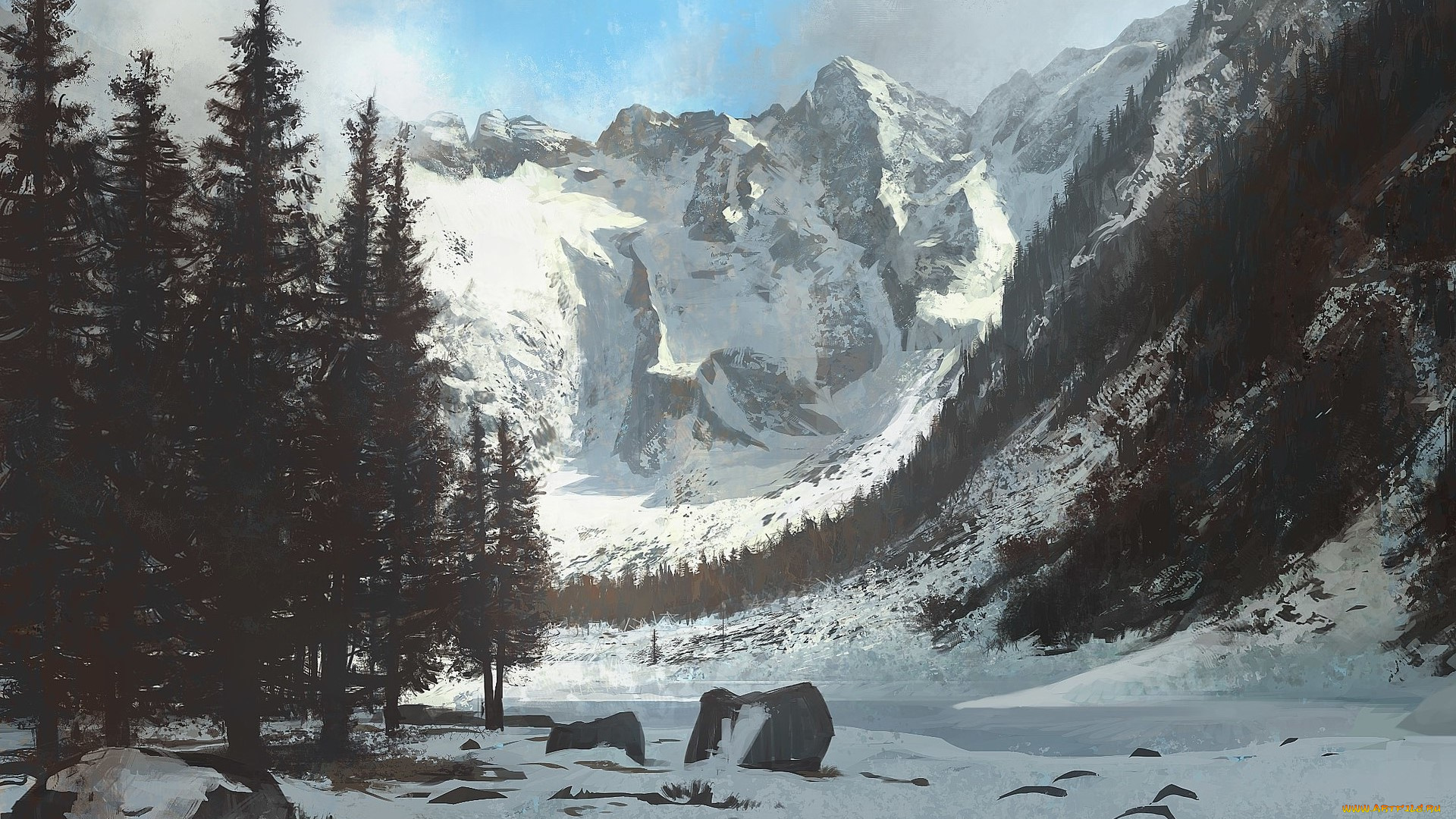 рисованное, природа, горы, снег