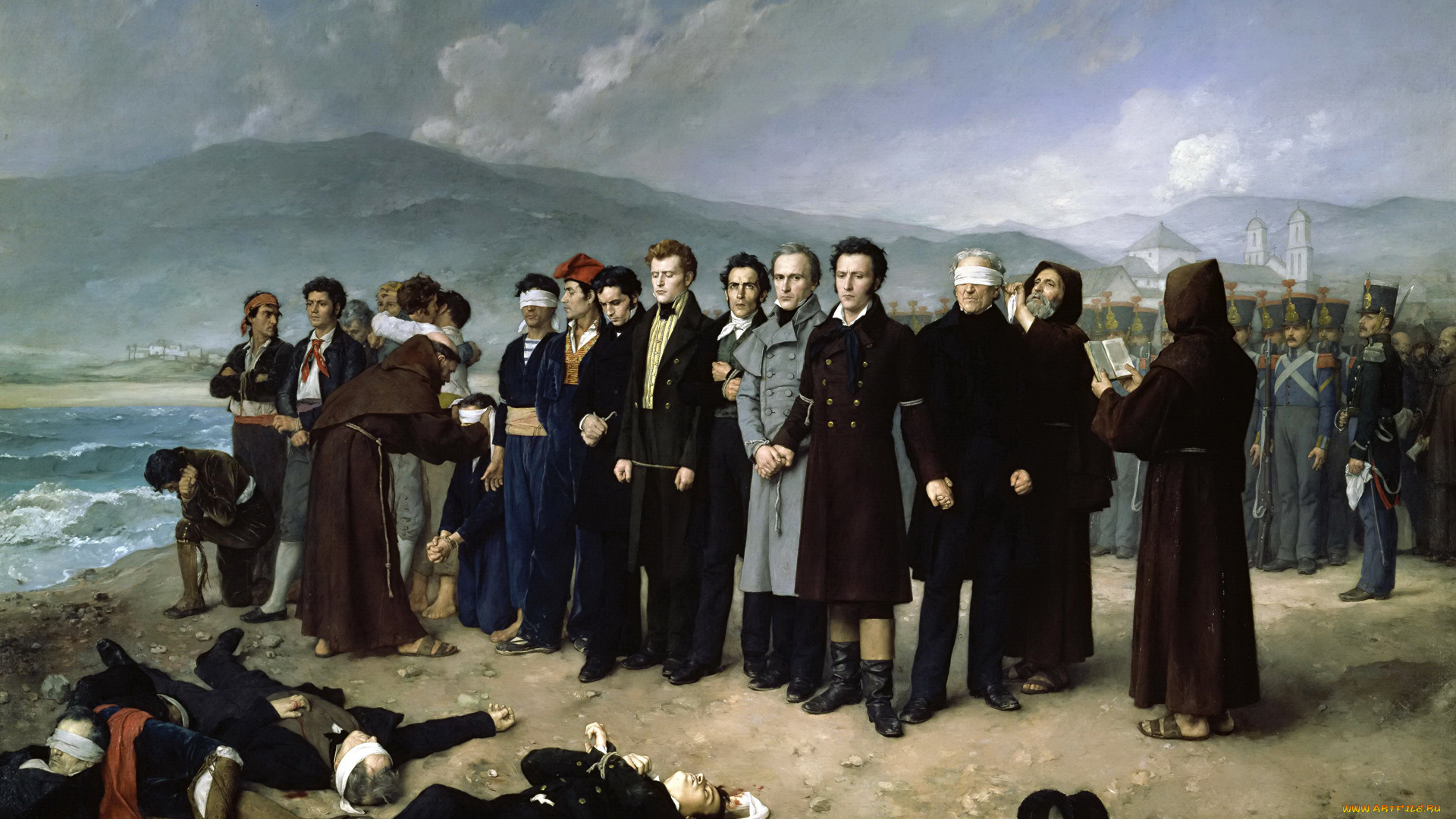 рисованное, живопись, антонио, гисберт, перес, растрел, торрихоса, и, его, товарищей, на, пляжах, малаги, жанровая, картина, люди, горы, море