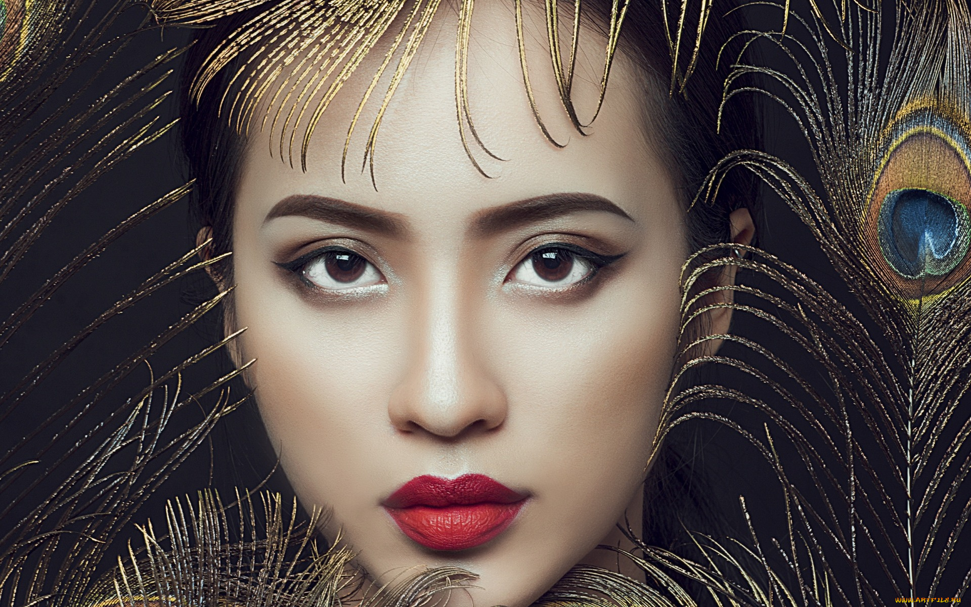 девушки, -unsort, , лица, , портреты, павлиньи, перья, азиатка, помада, макияж, лицо, девушка, взгляд