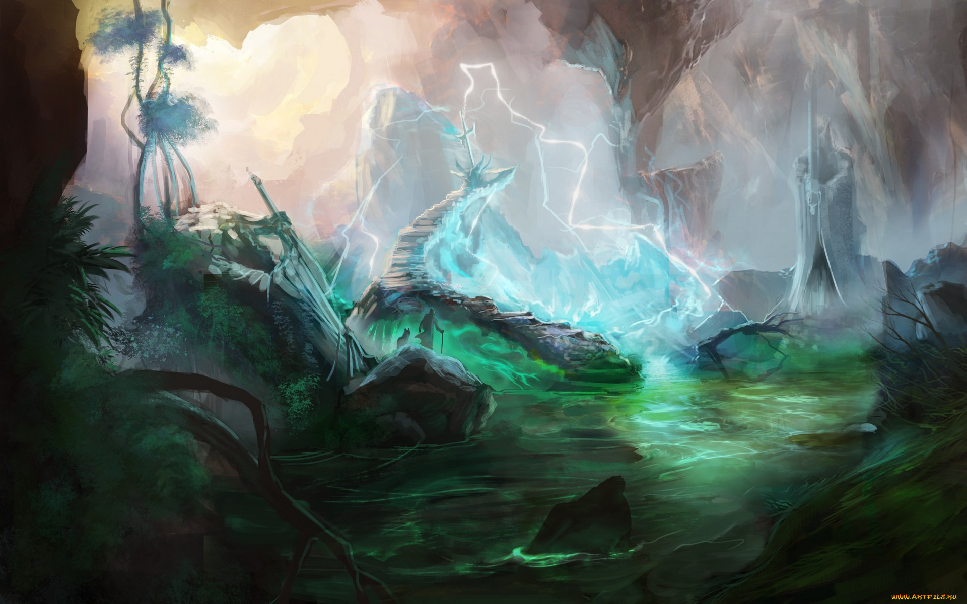 фэнтези, иные, миры, , иные, времена, водоем, статуя, растения