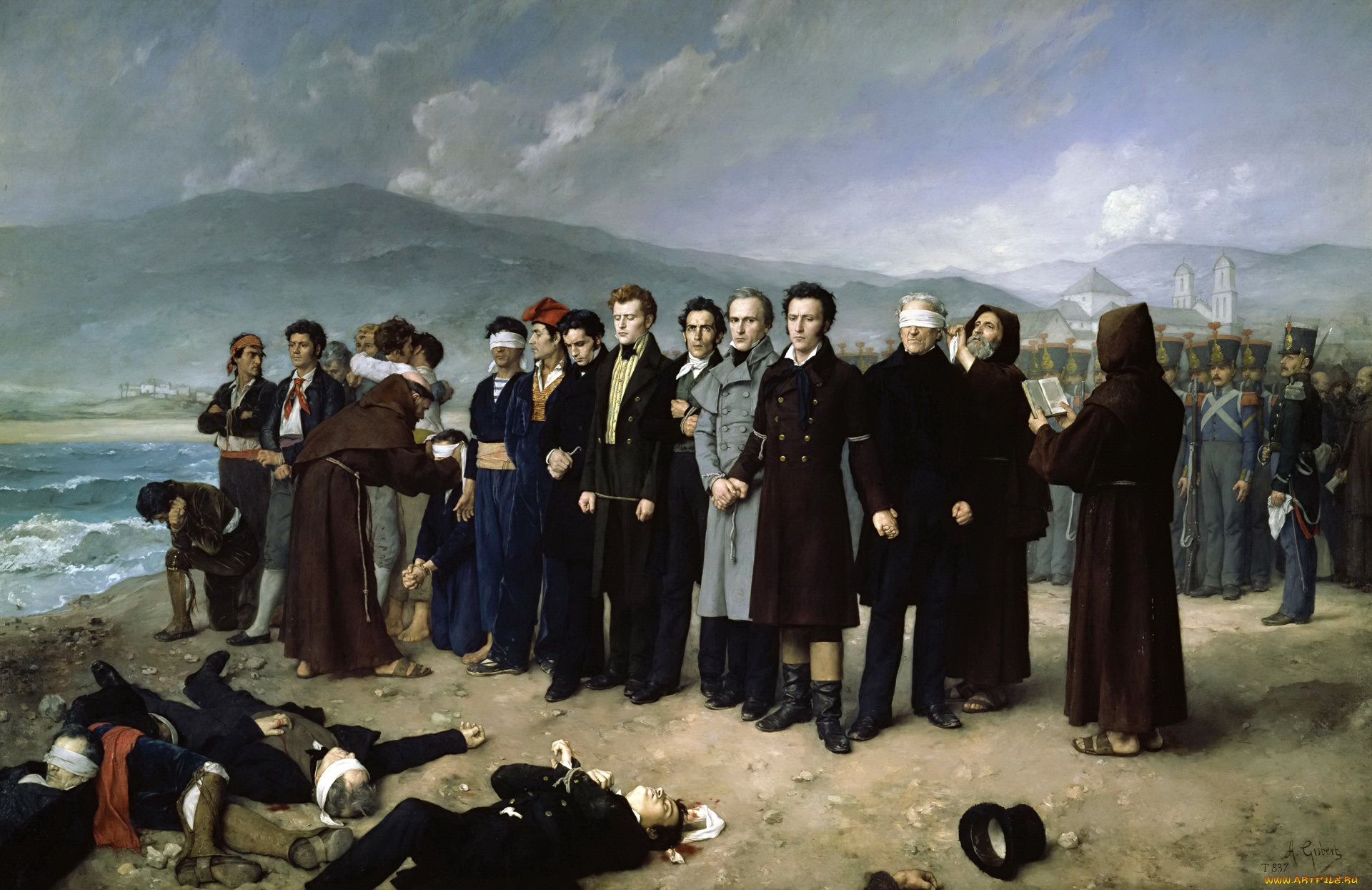 рисованное, живопись, антонио, гисберт, перес, растрел, торрихоса, и, его, товарищей, на, пляжах, малаги, жанровая, картина, люди, горы, море