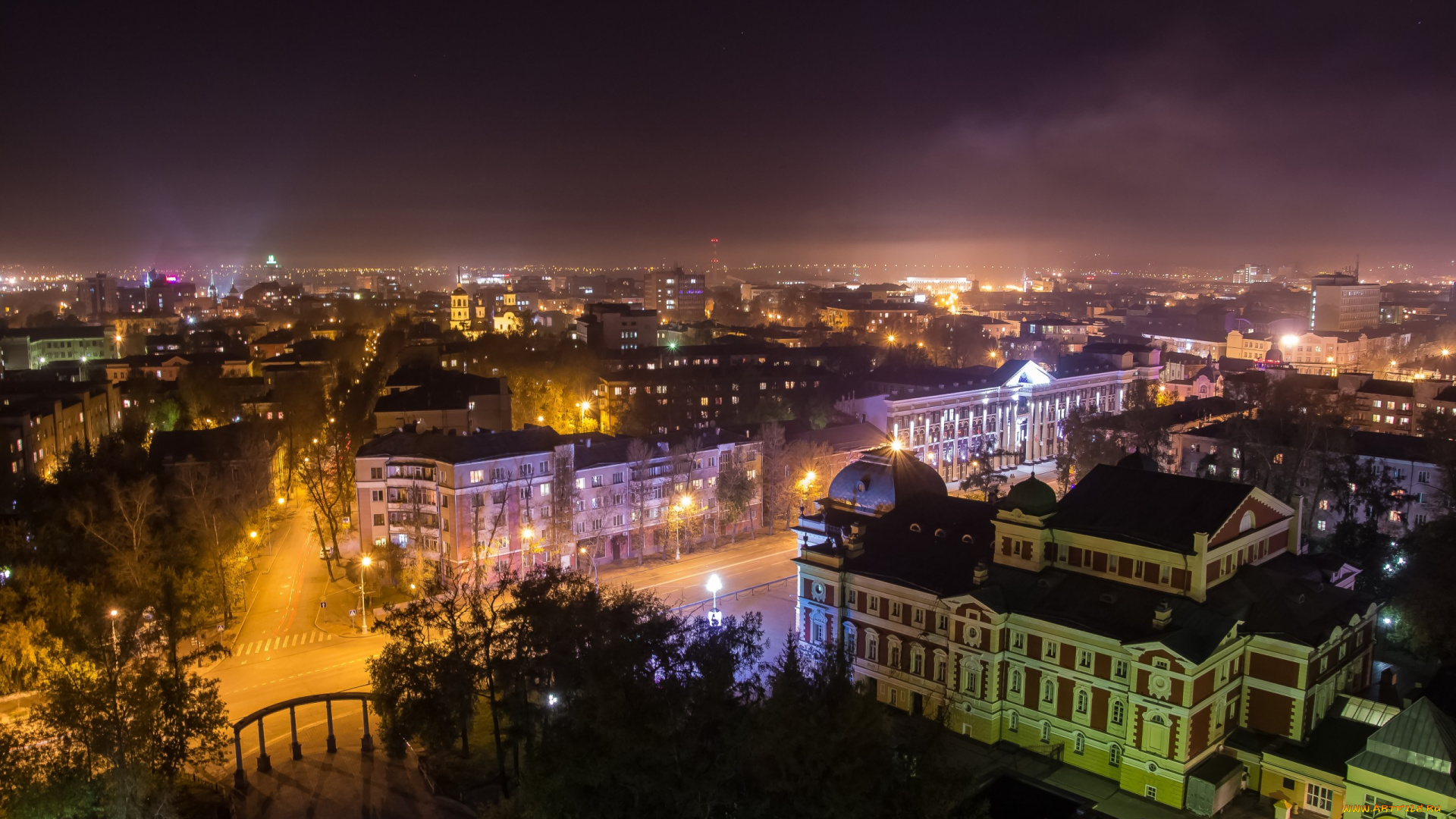 города, -, огни, ночного, города, фонари, небо, ночь, город, россия, иркутск, деревья, панорама, улица, архитектура