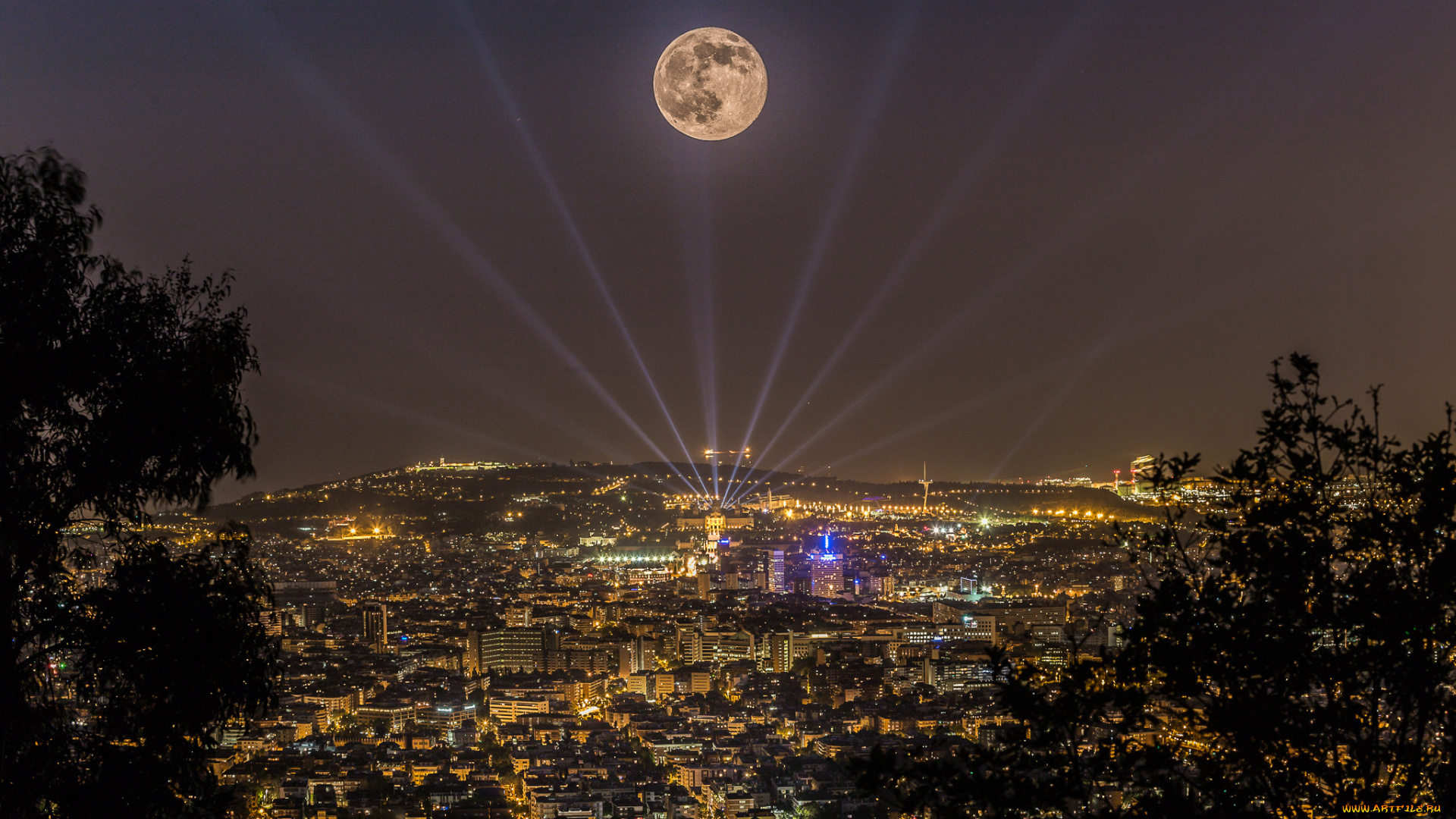 города, барселона, , испания, барселона, католония, ночь, город, дома, огни, лазер, луна, деревья, море, кусты