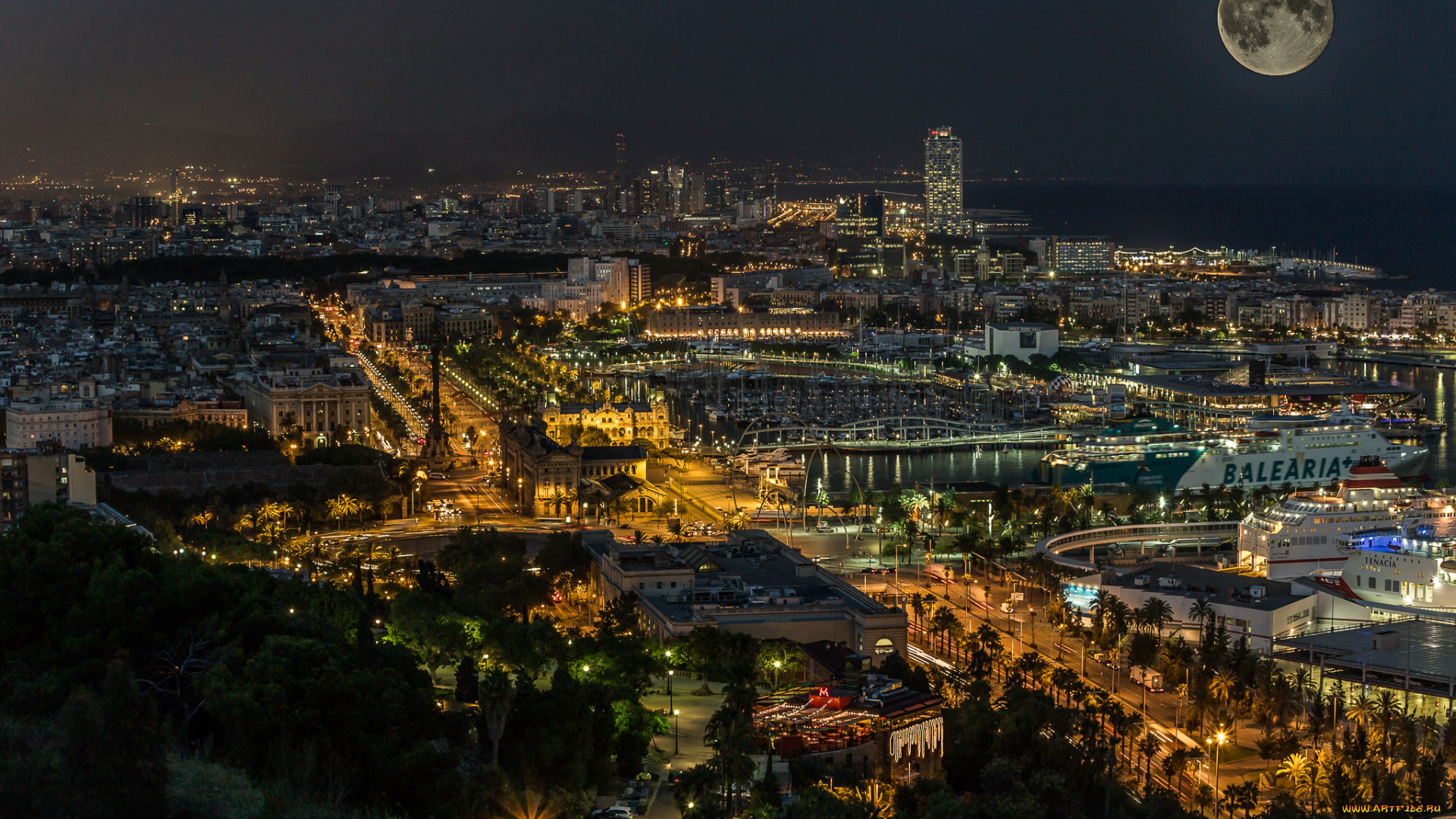города, барселона, , испания, море, луна, огни, город, дома, ночь, барселона, католония