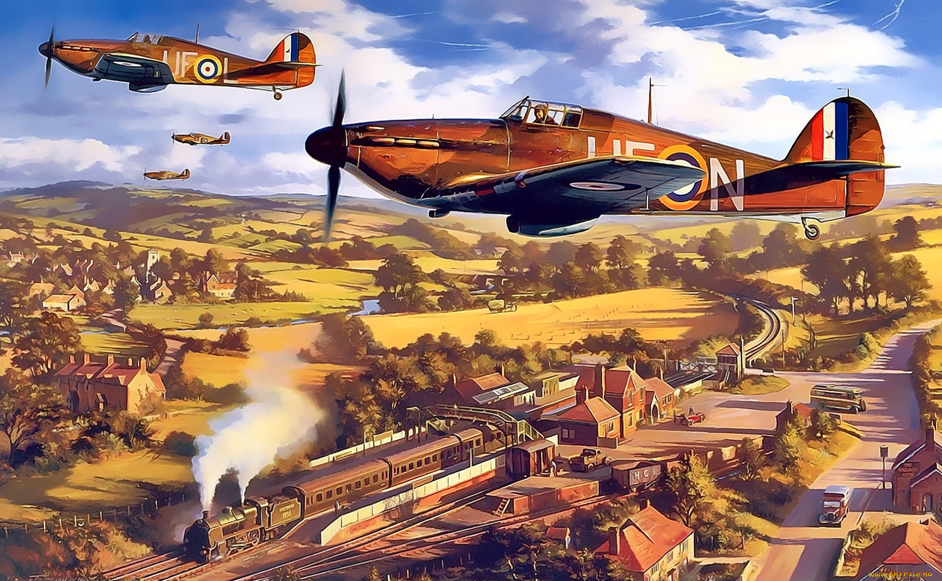 авиация, 3д, рисованые, v-graphic, самолеты, пейзаж, полет, поезд, поселок