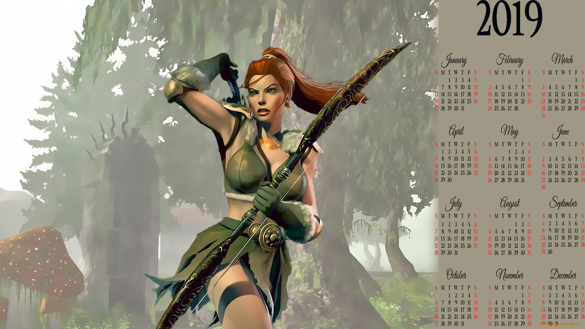 календари, 3д-графика, девушка, оружие, лук, женщина, calendar, 2019