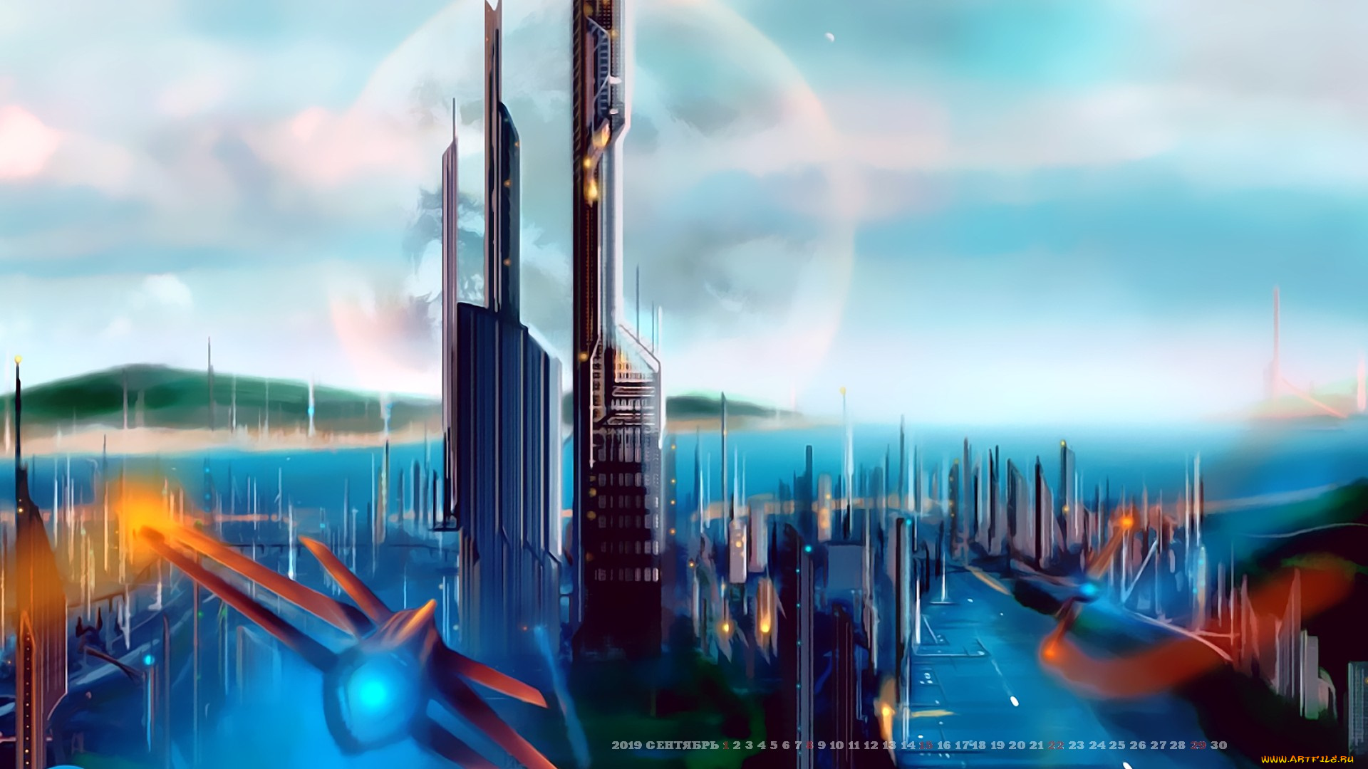 календари, фэнтези, 2019, calendar, самолет, здание, город, звездолет