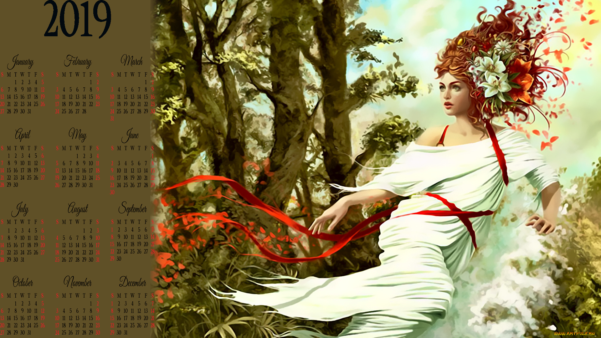 календари, фэнтези, 2019, женщина, calendar, природа, девушка, цветы, дерево
