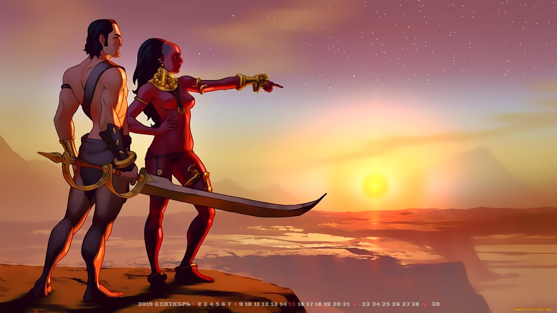 календари, фэнтези, calendar, мужчина, женщина, оружие, солнце, 2019