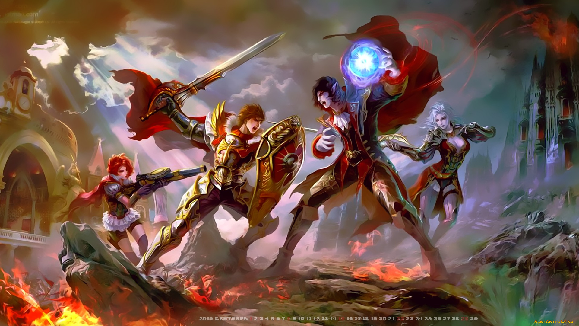 календари, фэнтези, мужчина, битва, девушка, оружие, магия, здание, calendar, 2019