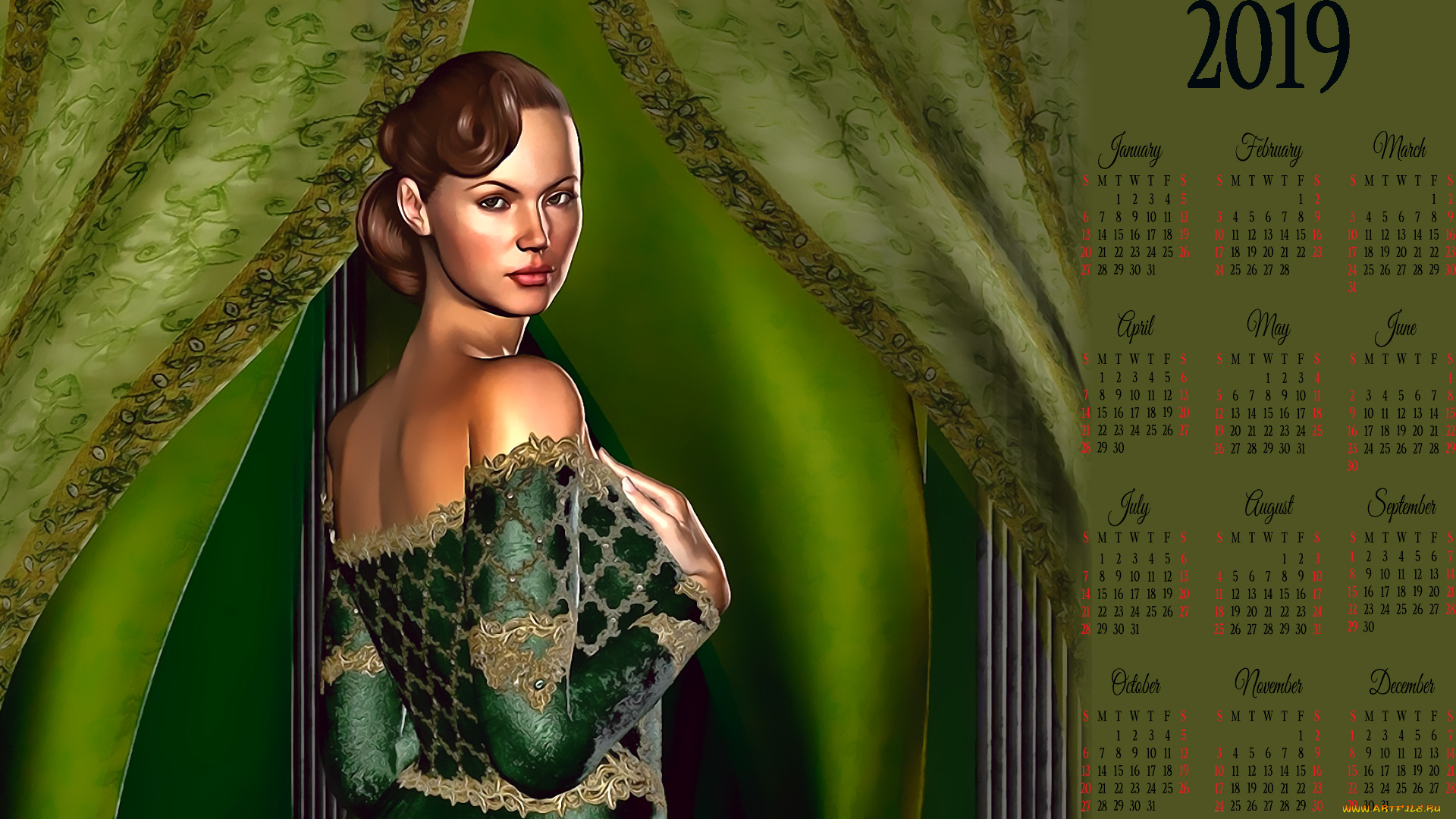 календари, рисованные, , векторная, графика, calendar, 2019, занавес, девушка, взгляд, женщина