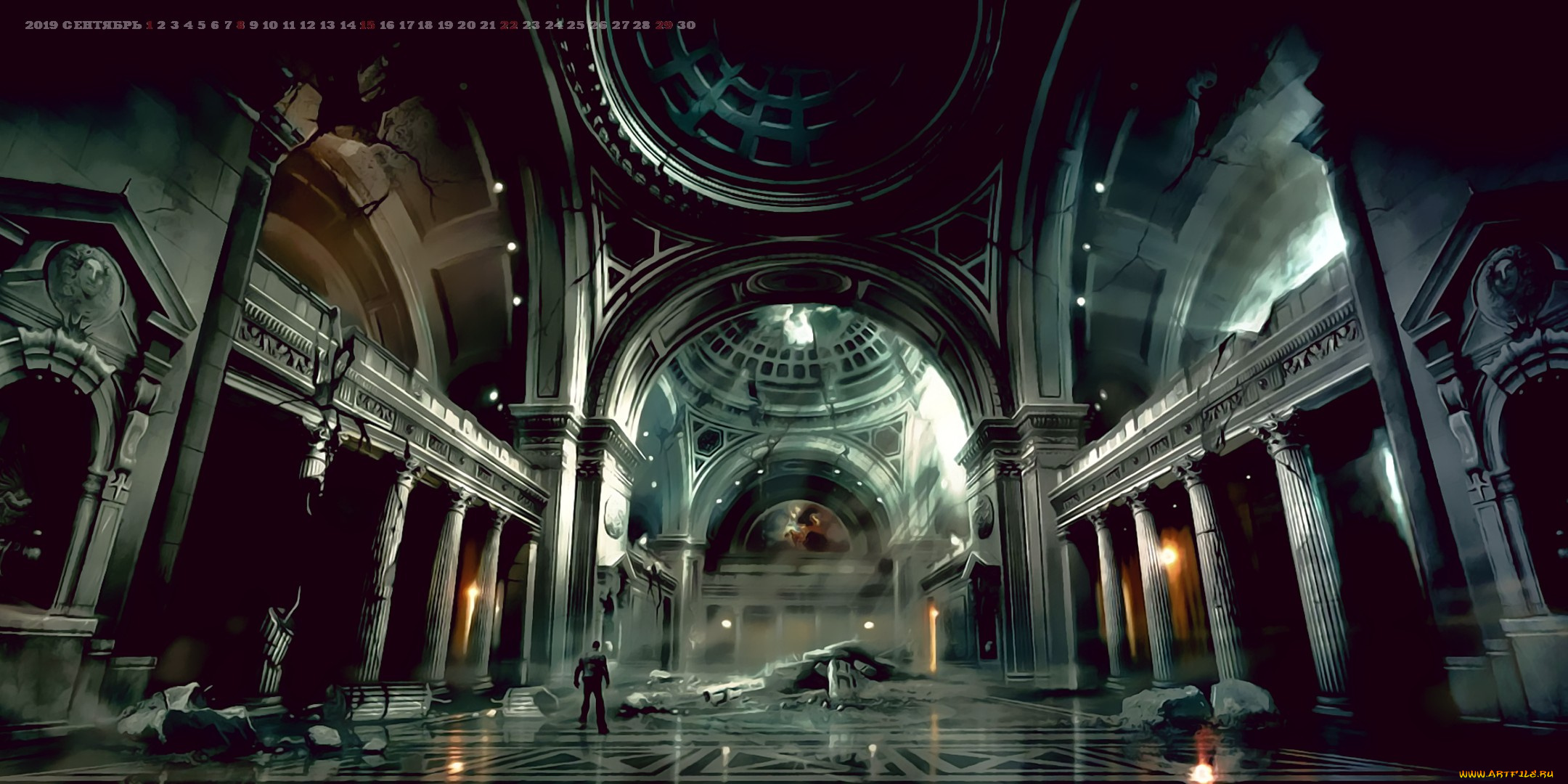 календари, фэнтези, разрушение, зал, помещение, колонна, calendar, 2019