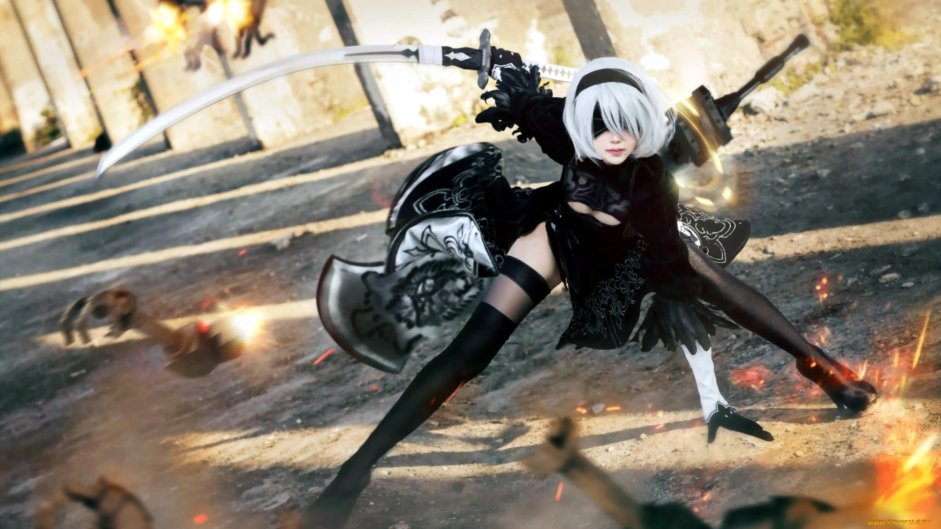 девушки, -, креатив, , косплей, 2в, костюм, андроид, оружие, развалины, бой