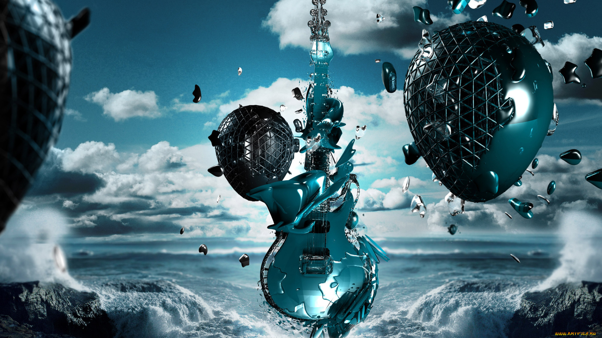 3д, графика, фантазия, , fantasy, гитара, яйца, море, облака, осколки
