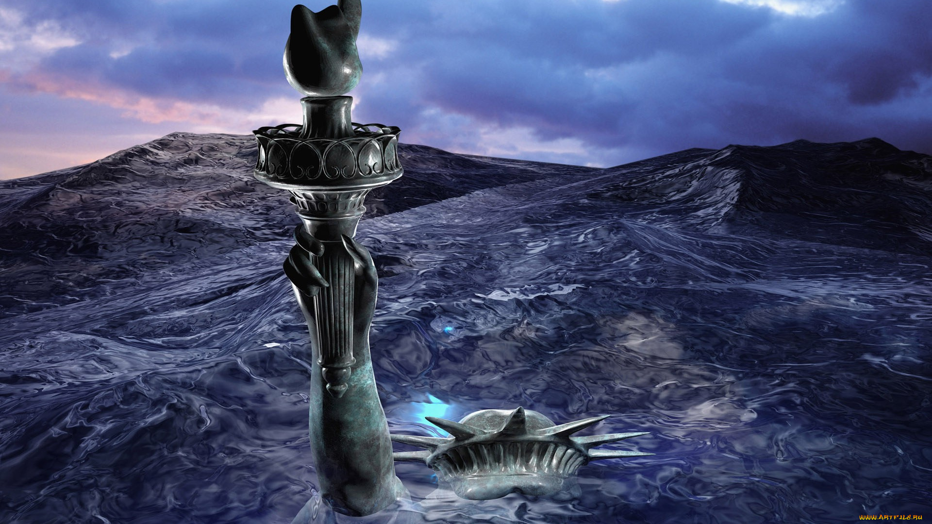 3д, графика, фантазия, , fantasy, море, статуя, свободы, рука, факел