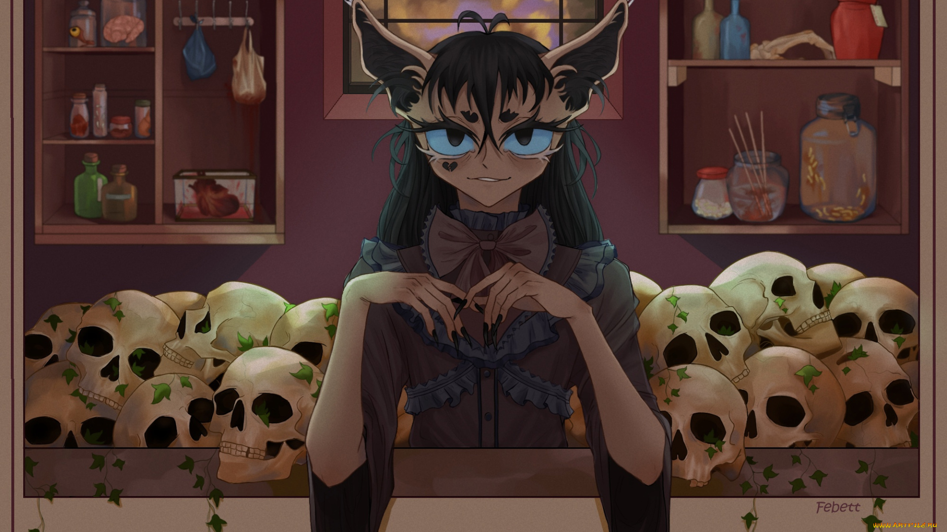 фэнтези, существа, девушка, уши, черепа, полки