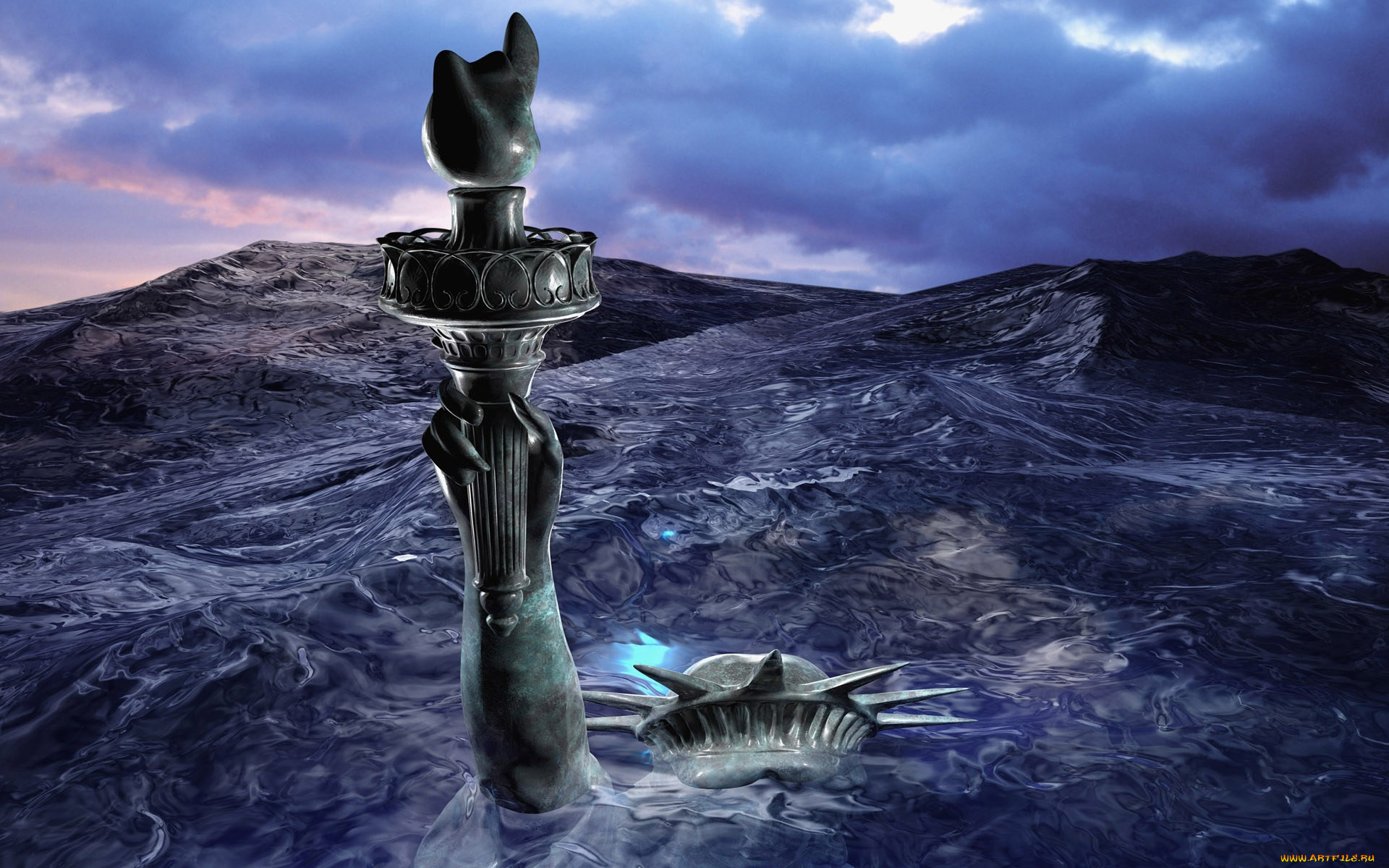 3д, графика, фантазия, , fantasy, море, статуя, свободы, рука, факел