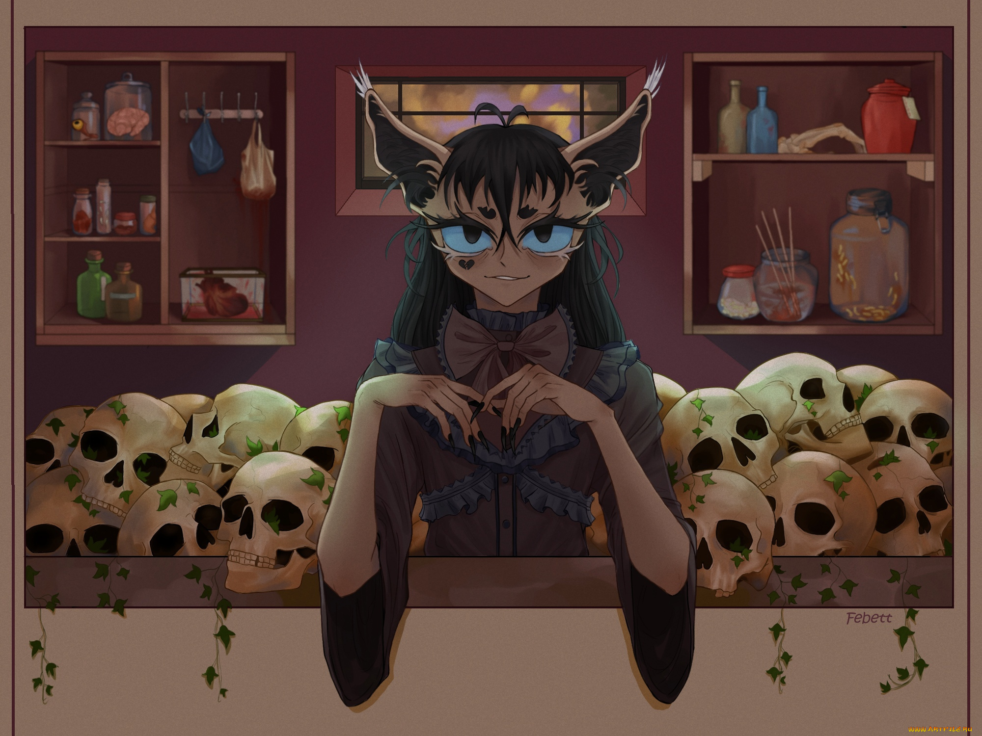 фэнтези, существа, девушка, уши, черепа, полки