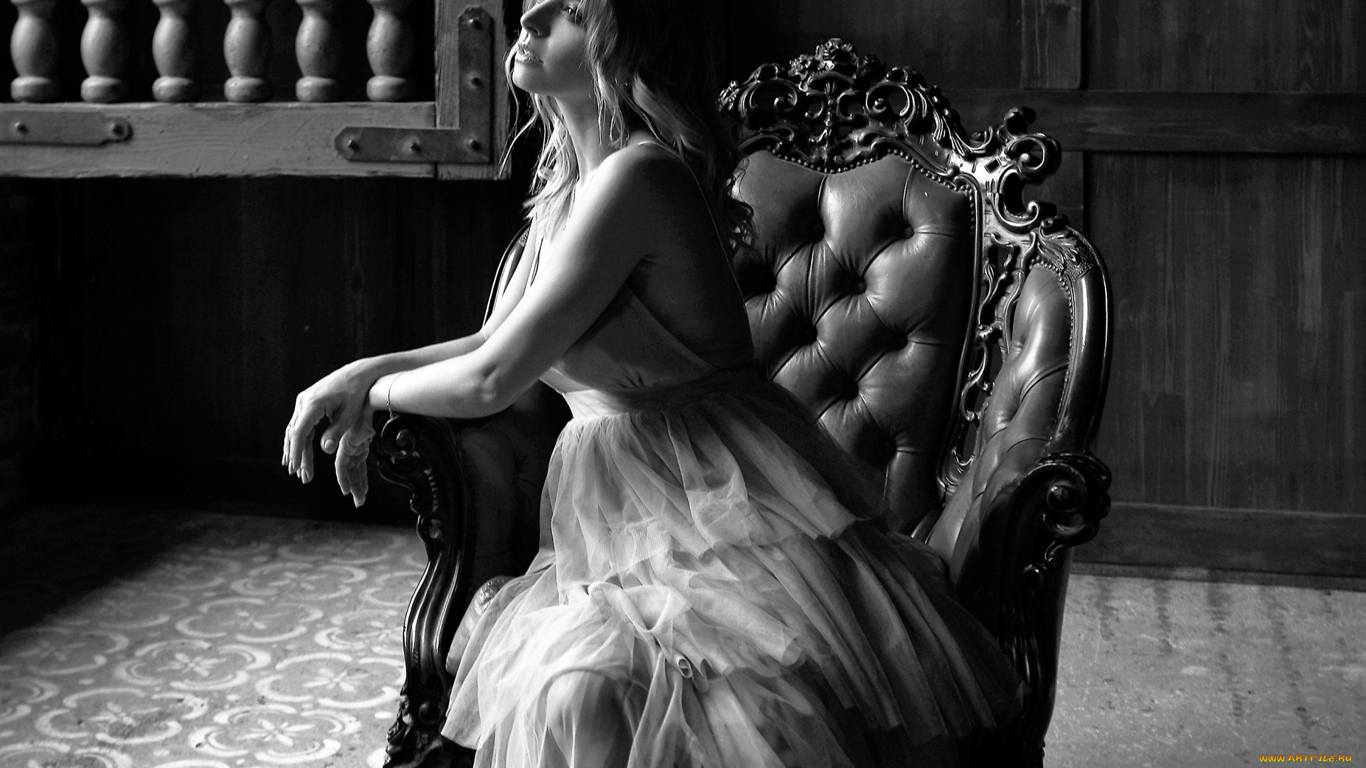 девушки, -, черно-белые, блондинка, платье, кресло