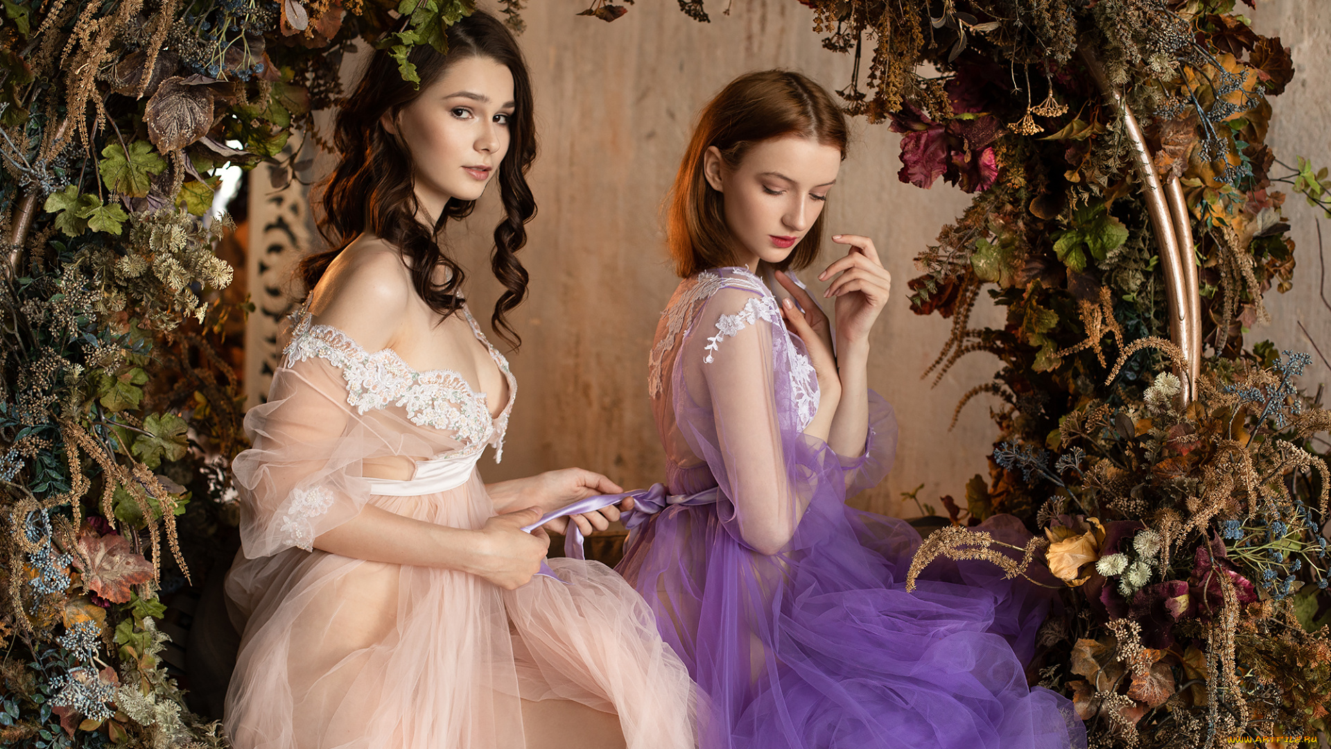 девушки, -, группа, девушек, подруги, наряды, арка, цветы