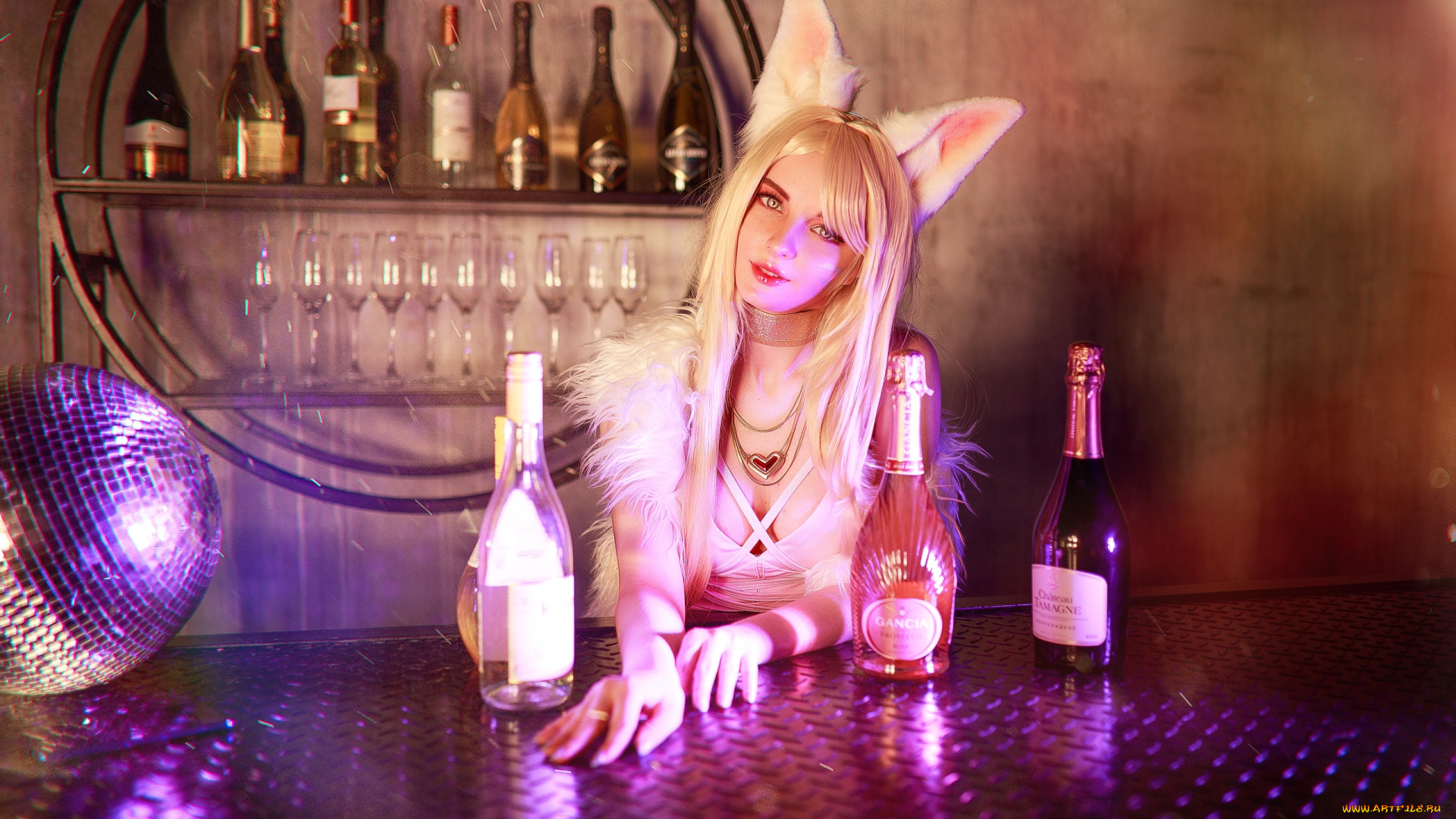 девушки, kirdjava, ари, костюм, уши, бутылки, стол, шар